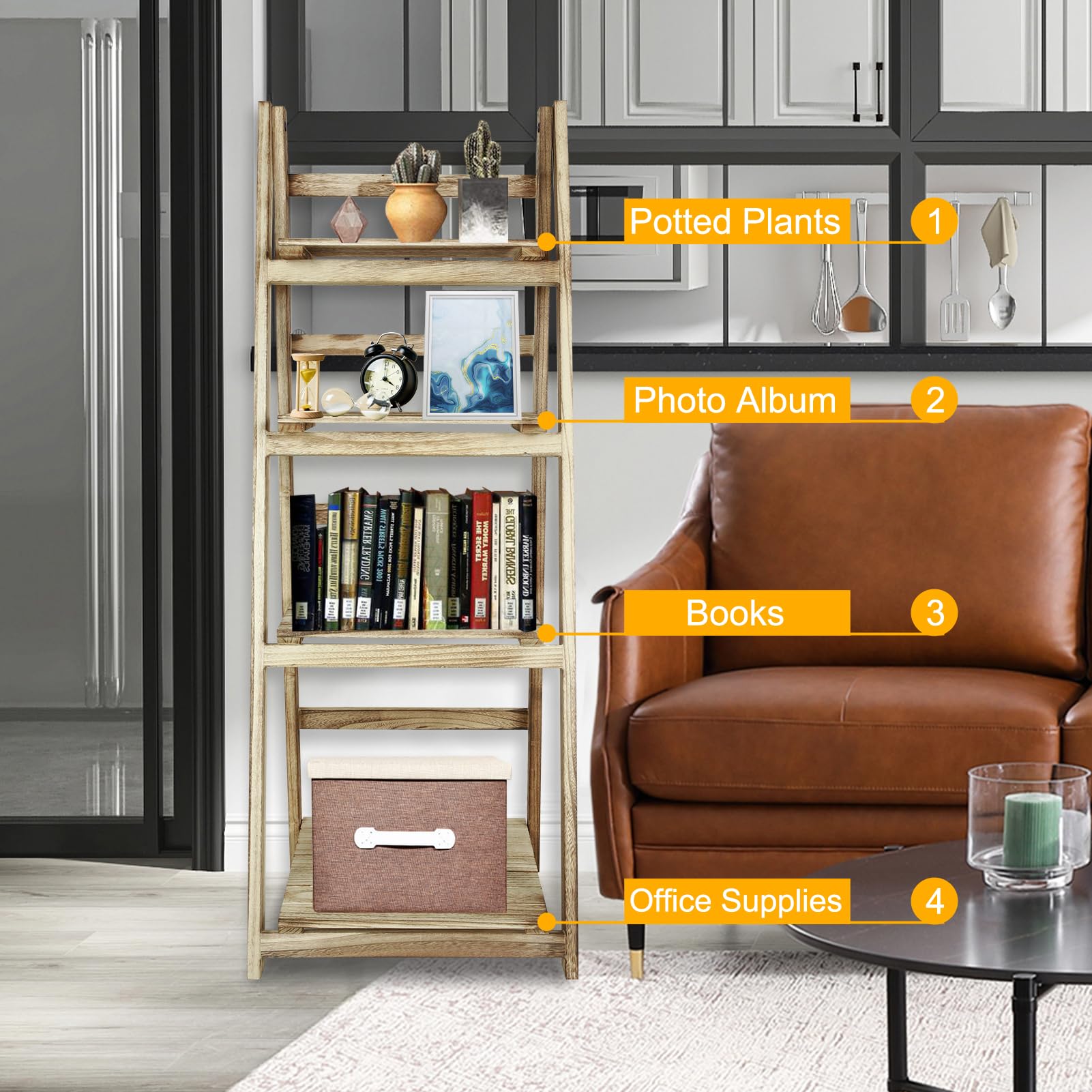 4-Tier Wood Ladder Shelf - Rustic Bookshelf & Plant Stand for Living Room Decor