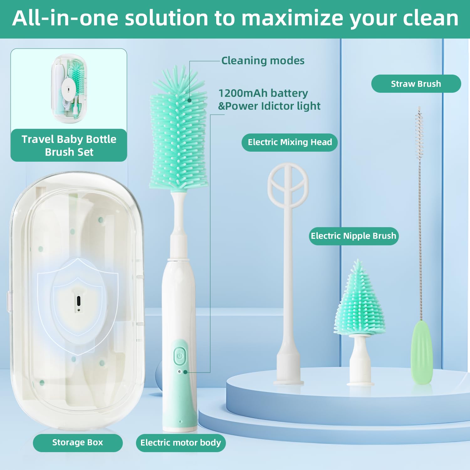 Electric Baby Bottle Brush Set - Silicone Bottle, Pacifier & Straw Cleaner with Mixing Head, 360° Rotation & 2 Speed Modes - Includes Drying Rack (Green) - Perfect for Cleaning Baby Bottles, Sippy Cups & Breast Pump Parts