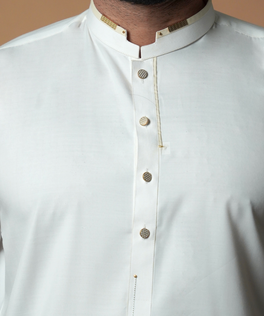 Elegant Classic Ivory Kurta & Pyjama Set with Gold Embellishments for Men - Perfect for Festivals, Weddings & Special Occasions