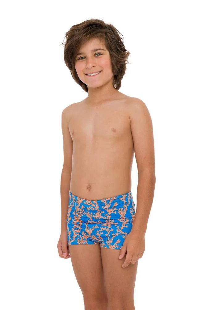 Blue Orange Sea Coral Boys Swim Briefs - Quick Dry Swim Trunks for Kids - Perfect for Beach, Pool & Summer Water Activities