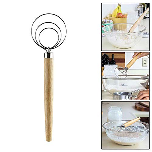 VALINK 9 Inch Stainless Steel Danish Dough Whisk with Wood Handle - Heavy Duty Kitchen Baking Tool for Mixing Bread, Cookies, Pizza Dough & Cake Batter - Perfect for Home Bakers & Professional Chefs