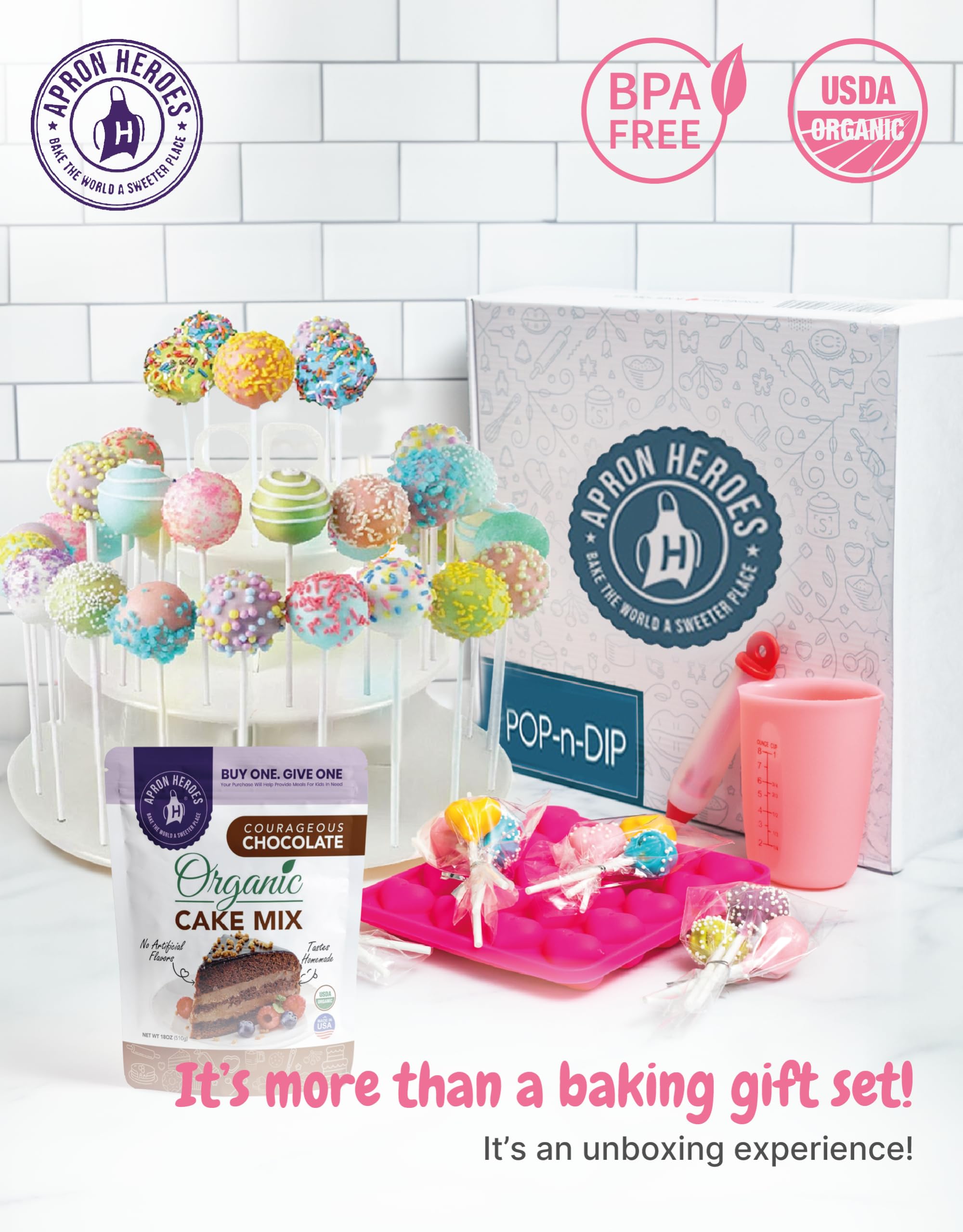 APRON HEROES Ultimate Cake Pop Kit - Organic Chocolate Cake Mix, 120 Lollipop Sticks, Melting Pot & Silicone Tools | Complete DIY Cake Pop Making Set for Birthday Parties, Baby Showers & Holiday Treats