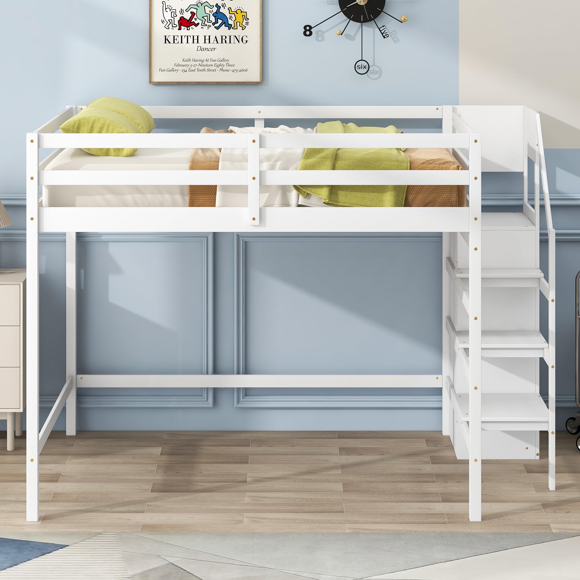 Harper & Bright Designs Full Size Loft Bed with Wardrobe & Staircase - Wooden Storage Loft Bed Frame for Kids, Teens & Adults - Space-Saving White Furniture for Small Bedrooms, Dorms & Apartments