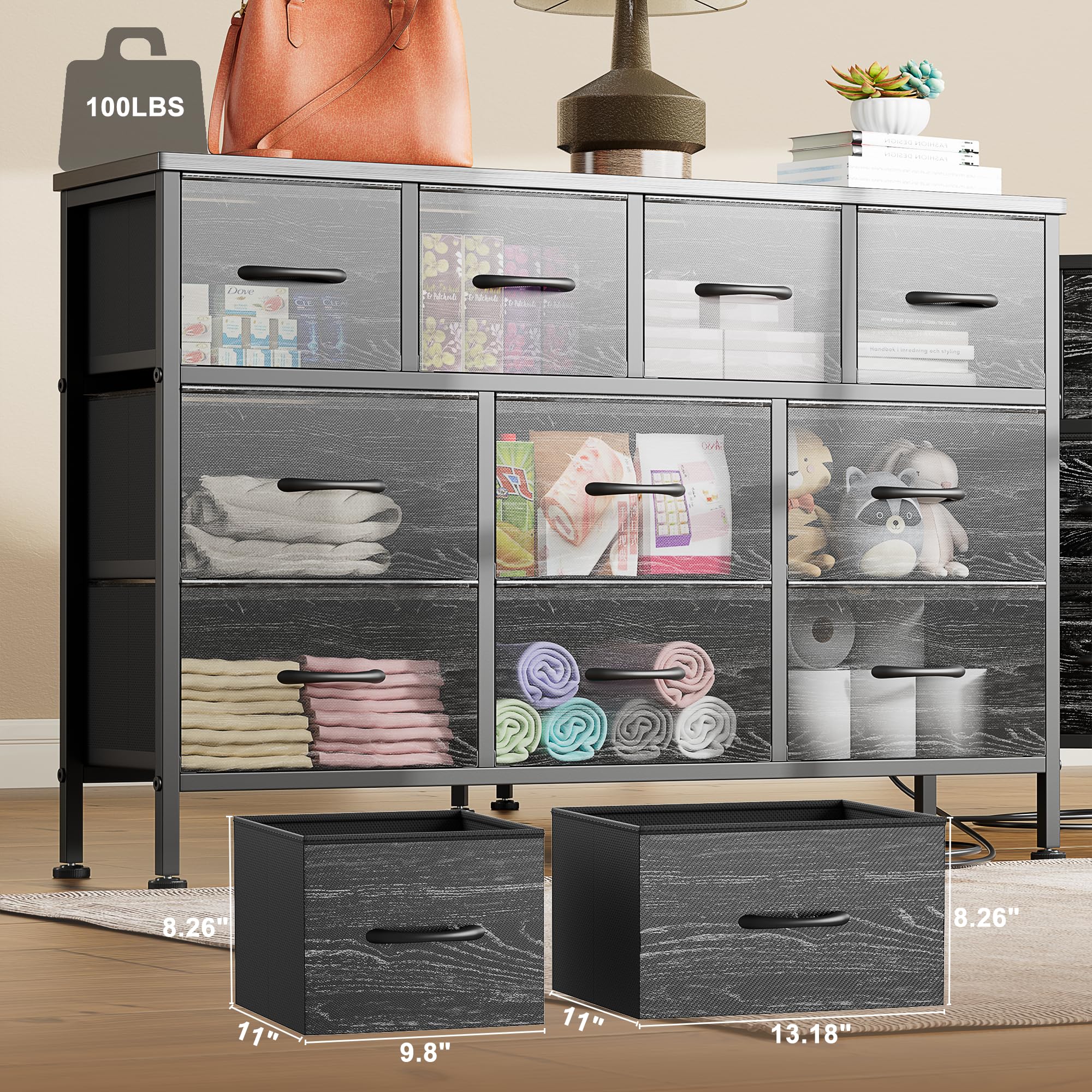 Lulive 10-Drawer Dresser with Power Outlet - Black Fabric TV Stand & Entertainment Center for 55 Inch TVs - Perfect for Bedroom, Living Room, Hallway & Closet Storage Organization