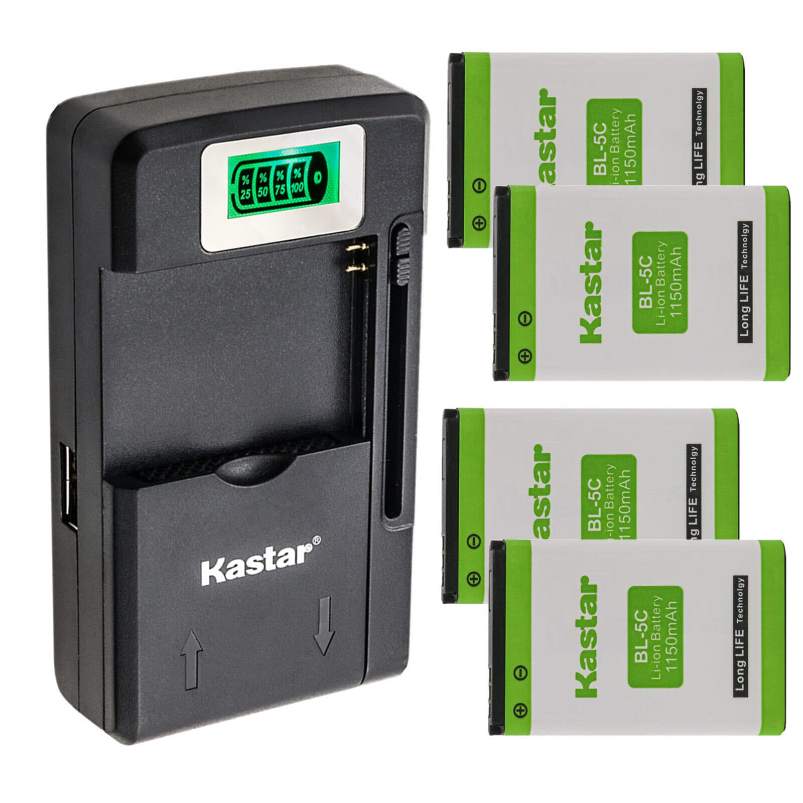 Kastar 4-Pack BL-5C Replacement Battery and Smart LCD Charger Compatible with NGM Boris, Clio, Dandy, Joy, Maxx, Oscar, Oscar Flip, Oscar V2, Play, PM1111, Premier, Roger, Storm, Swat, Victor, W13-NM8819 - Perfect for Extended Phone Usage and Travel Charging