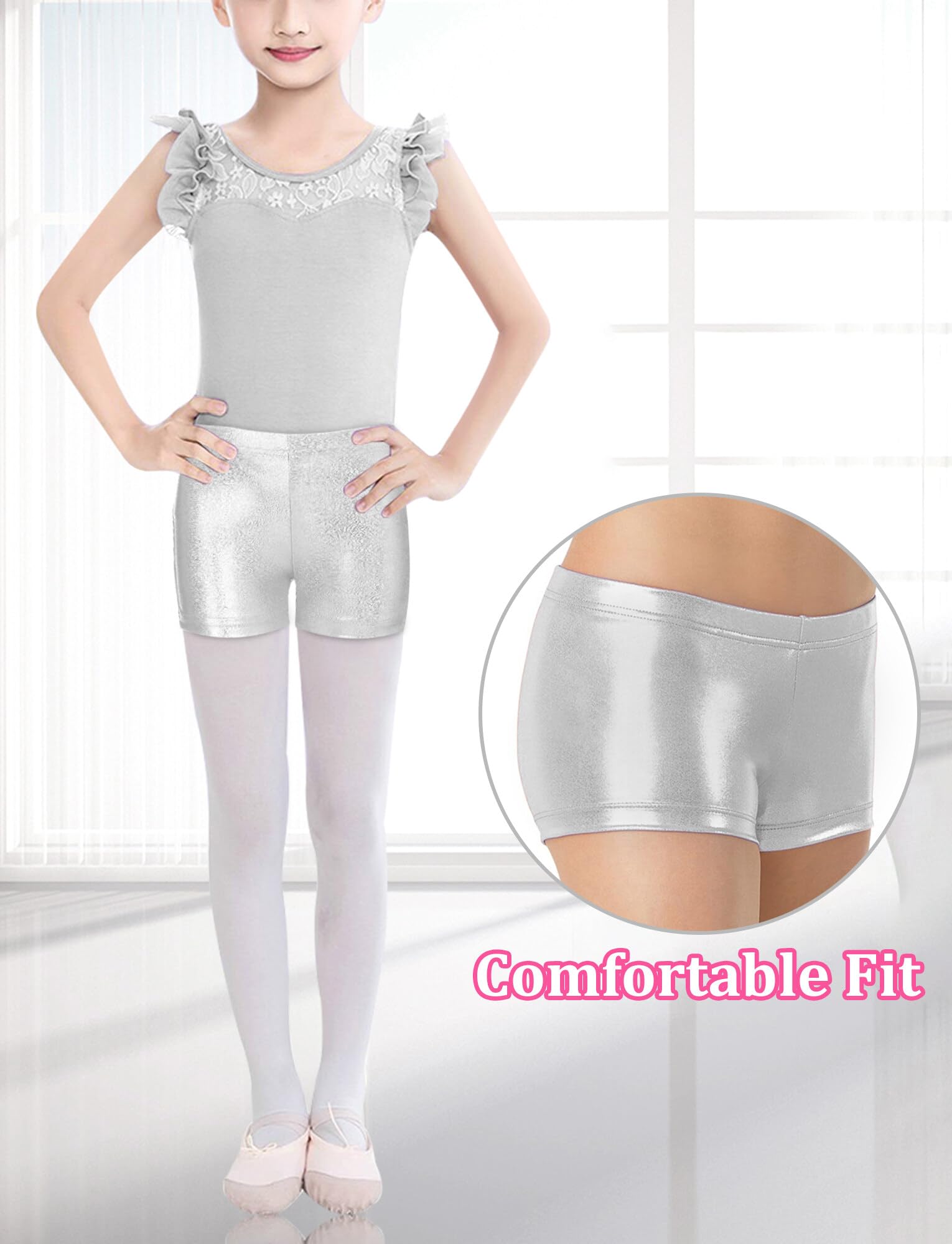 Happy Cherry Glitter Metallic Gymnastics Shorts for Girls - Stretchy Ballet Dance & Tumbling Athletic Shorts - Perfect for Dance Class, Gymnastics Practice & Kids' Sports Activities