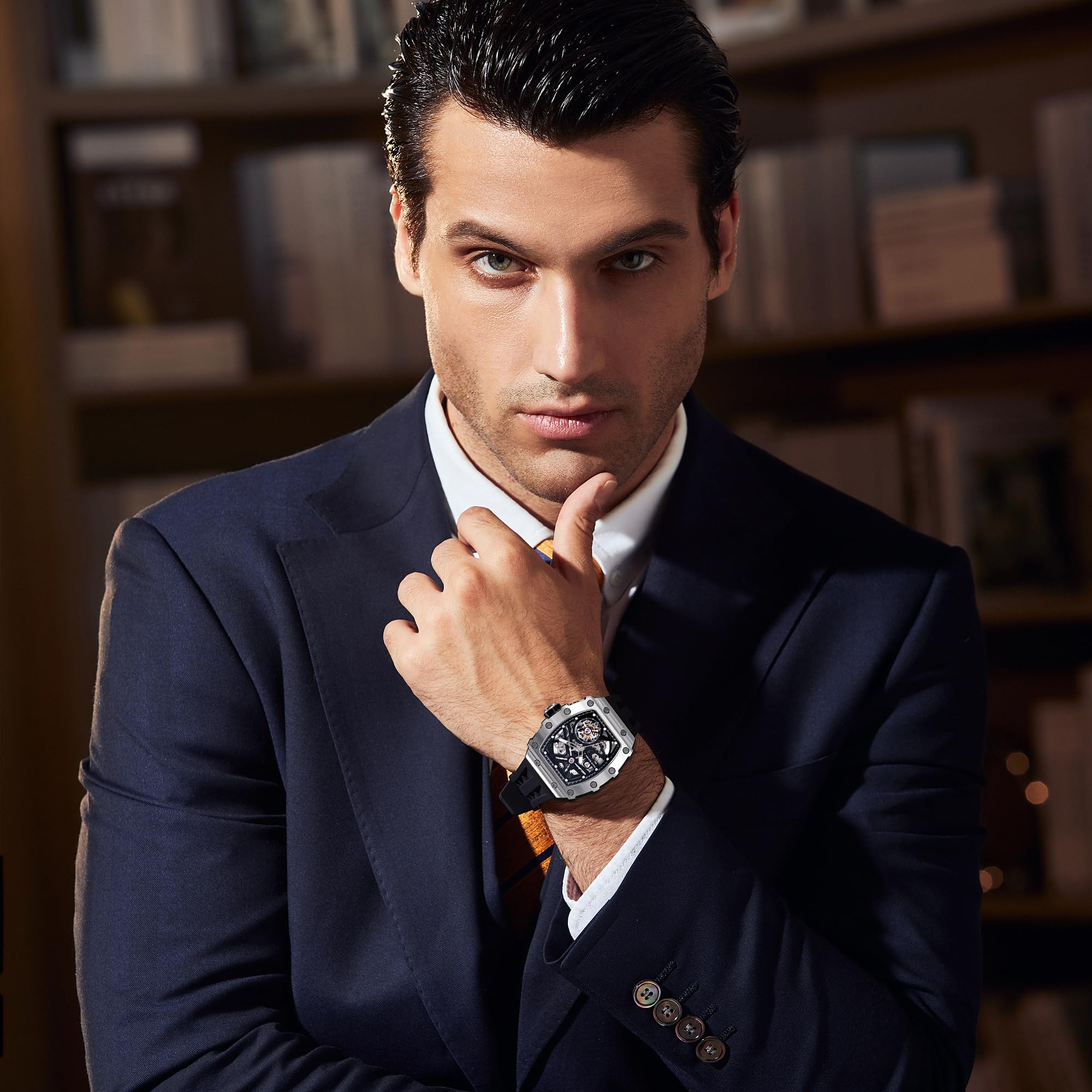 TSAR BOMBA Men's Automatic Skeleton Watch - Luxury Tonneau Design, 50M Waterproof, Silver Square Big Face with Silicone Strap - Perfect for Business, Formal Events & Everyday Wear