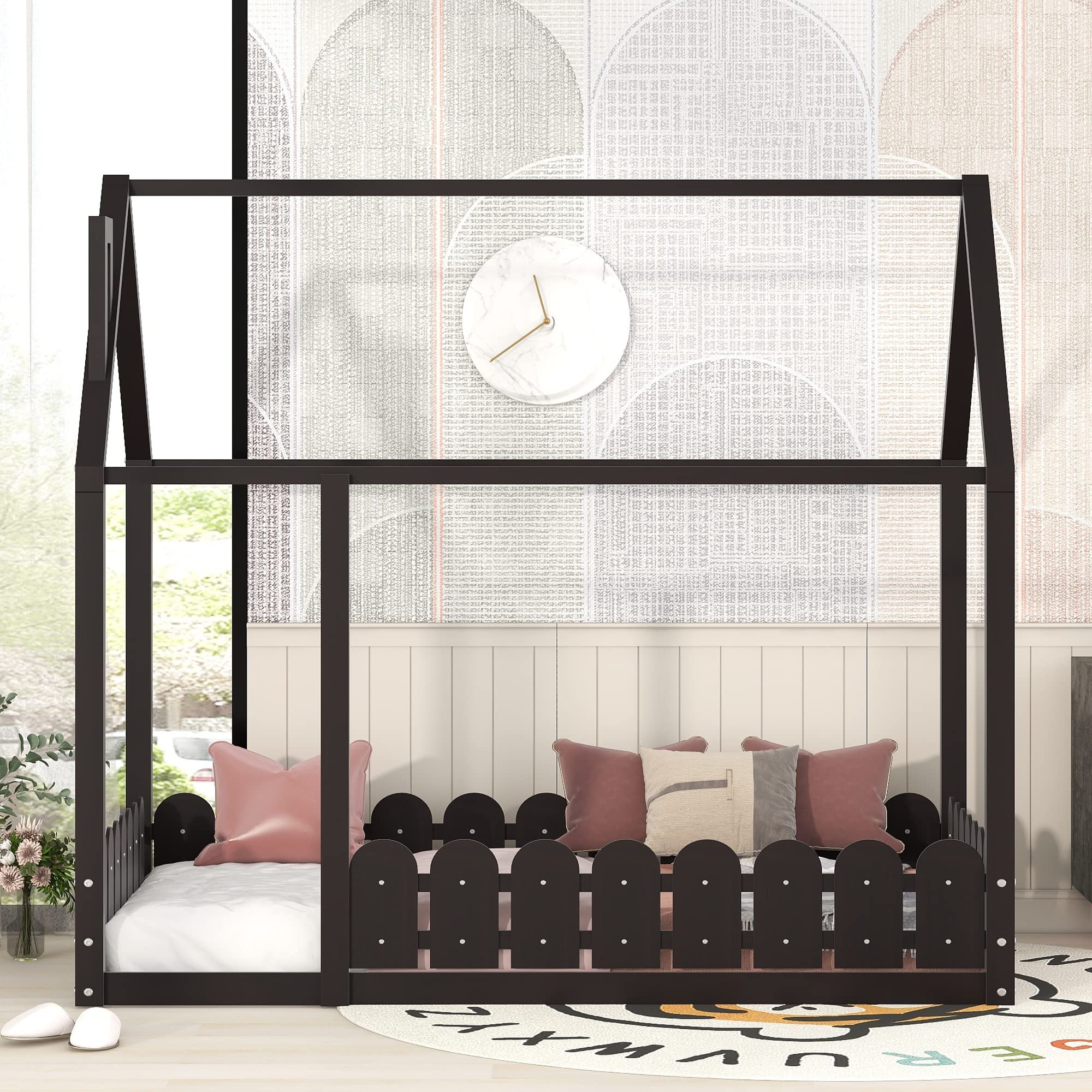 **Harper & Bright Designs Twin House Bed Frame with Roof & Fence - Espresso Wood Floor Bed for Toddlers, Kids & Teens - No Box Spring Needed - Perfect for Bedrooms, Playrooms & Montessori Spaces**