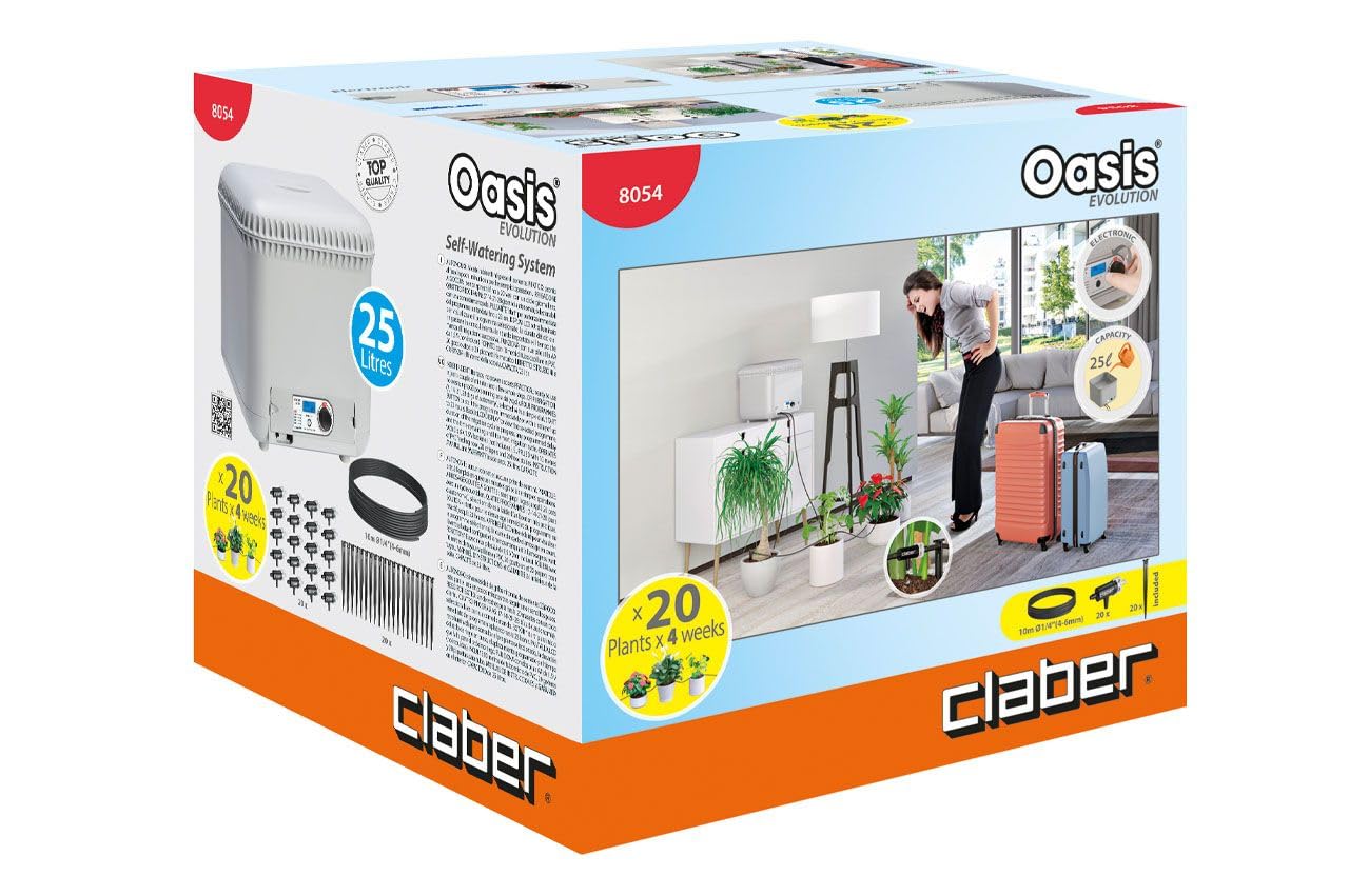 Claber OASIS EVOLUTION 8054 Automatic Indoor Plant Watering System - 25L Capacity, LCD Display, No Power Needed - Perfect for Vacation Home & Indoor Plants Care