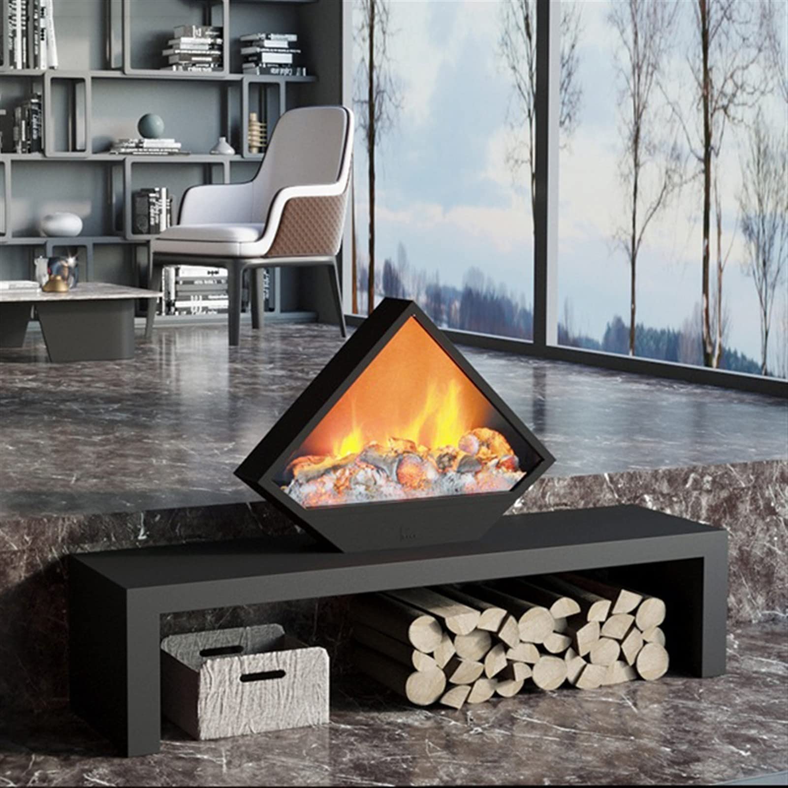 Triangular Steel Electric Fireplace with LED Realistic Flame - No Heat Wall Mounted Fireplace for Living Room & Bedroom | Modern Home Decor | Perfect for Apartments, Dorms & Small Spaces