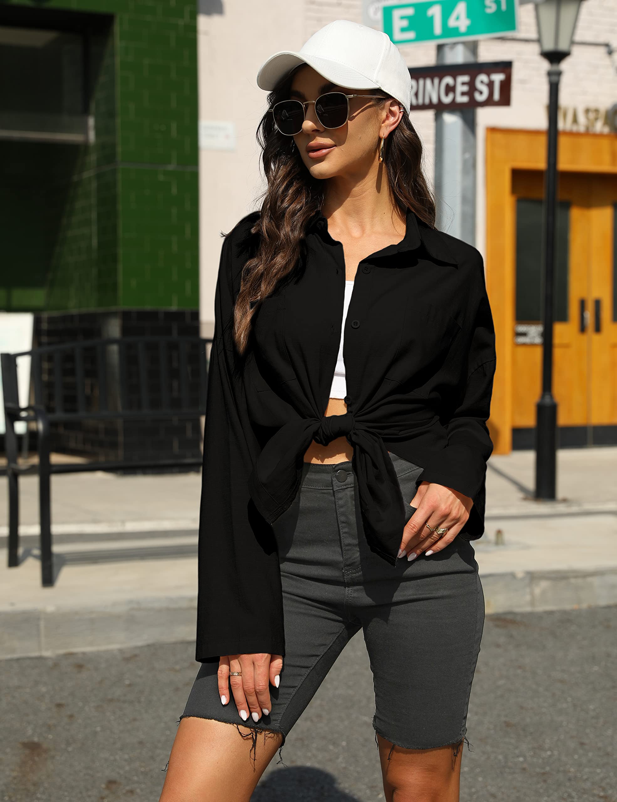 Bianstore Women's Oversized Linen Shirt - Long Sleeve Button Up Blouse with High Low Hem for Casual & Office Wear | Summer Beach Cover Up & Boho Style Outfit