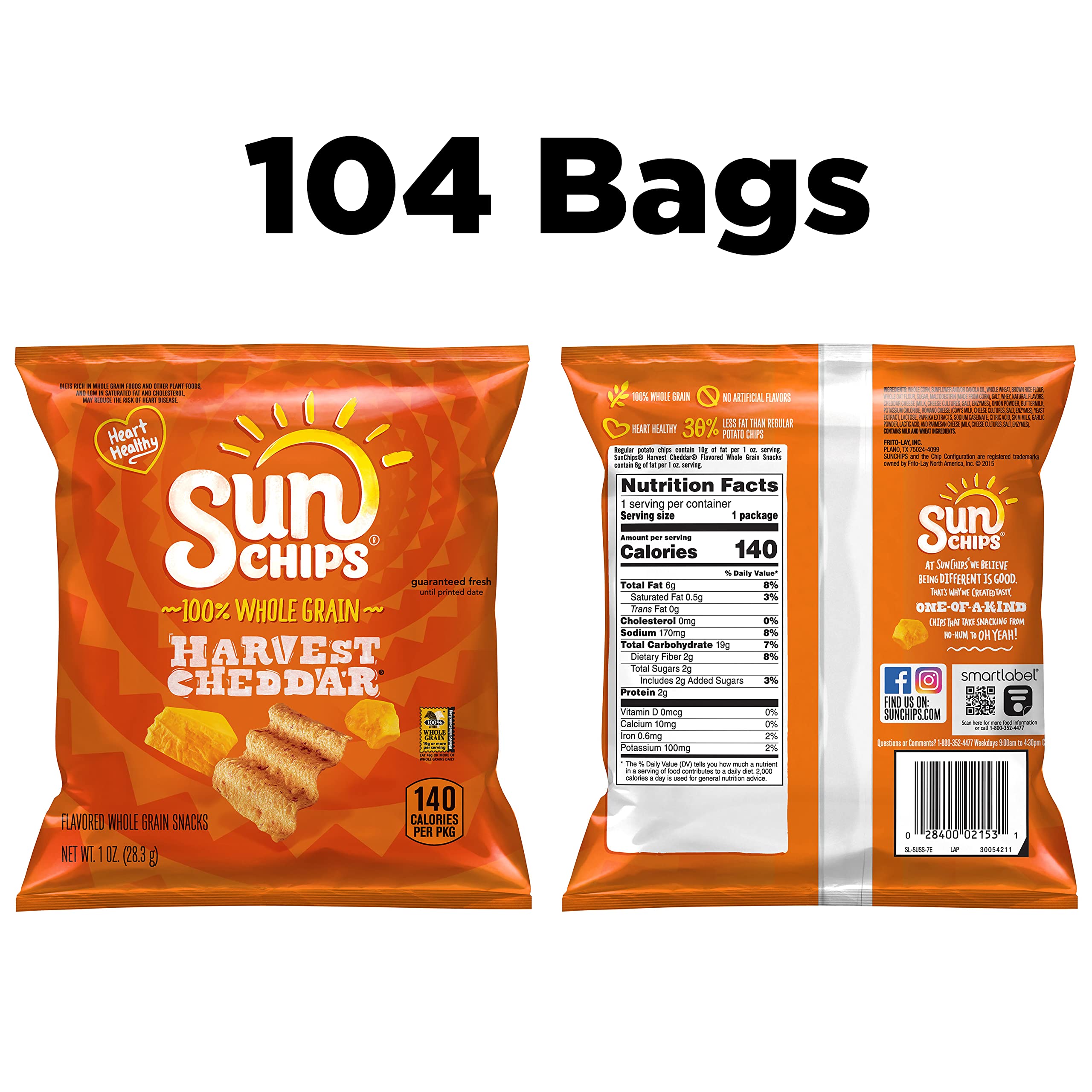 SunChips Multigrain Snacks, Harvest Cheddar Flavor, 1 Ounce (Pack of 104) - Healthy Whole Grain Chips for Parties, Lunchboxes & On-the-Go Snacking