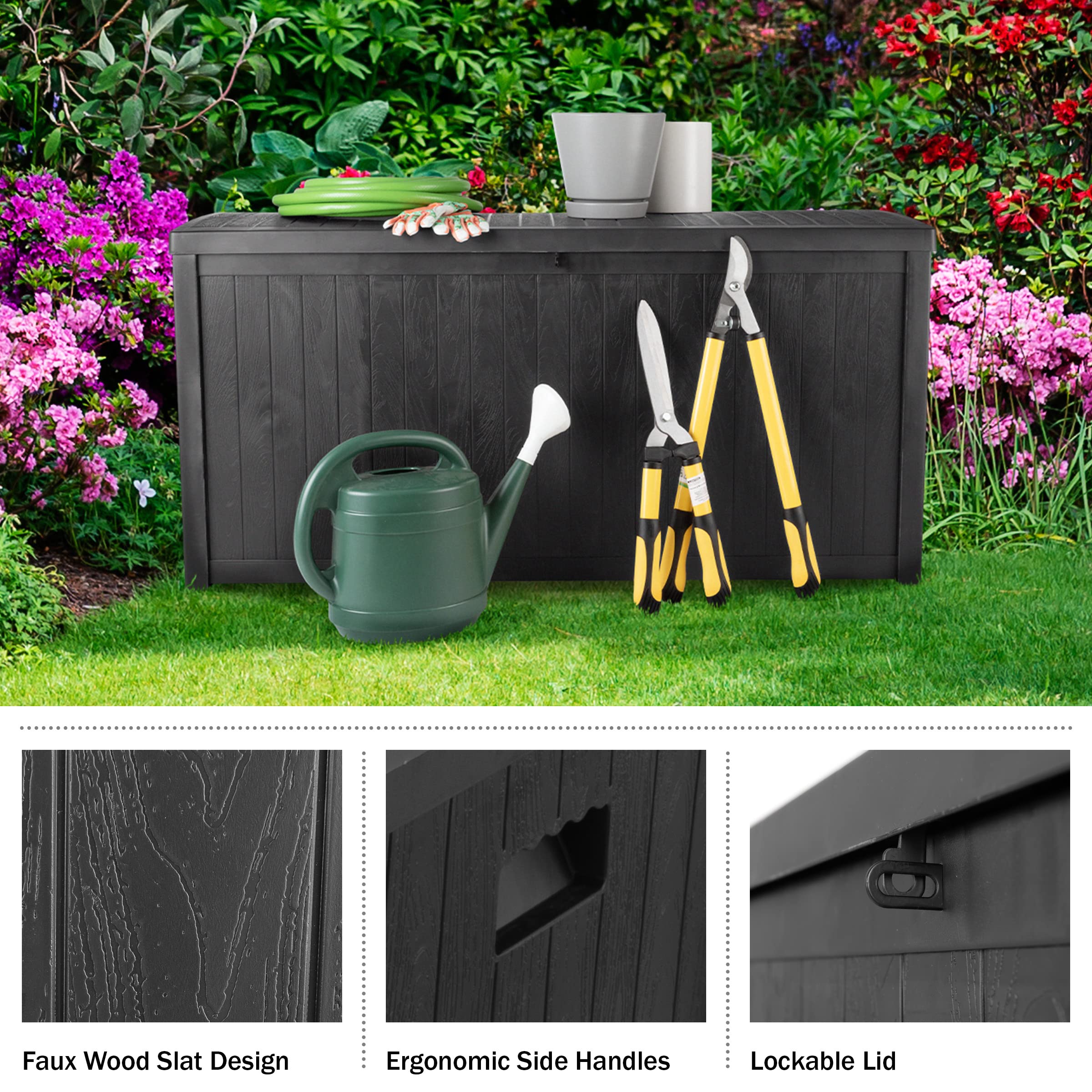 **113 Gallon Waterproof Outdoor Storage Box - Lockable Deck Box for Pool Accessories, Patio Furniture Cushions & Package Deliveries - Black - Ideal for Backyard, Garden & Poolside Storage**