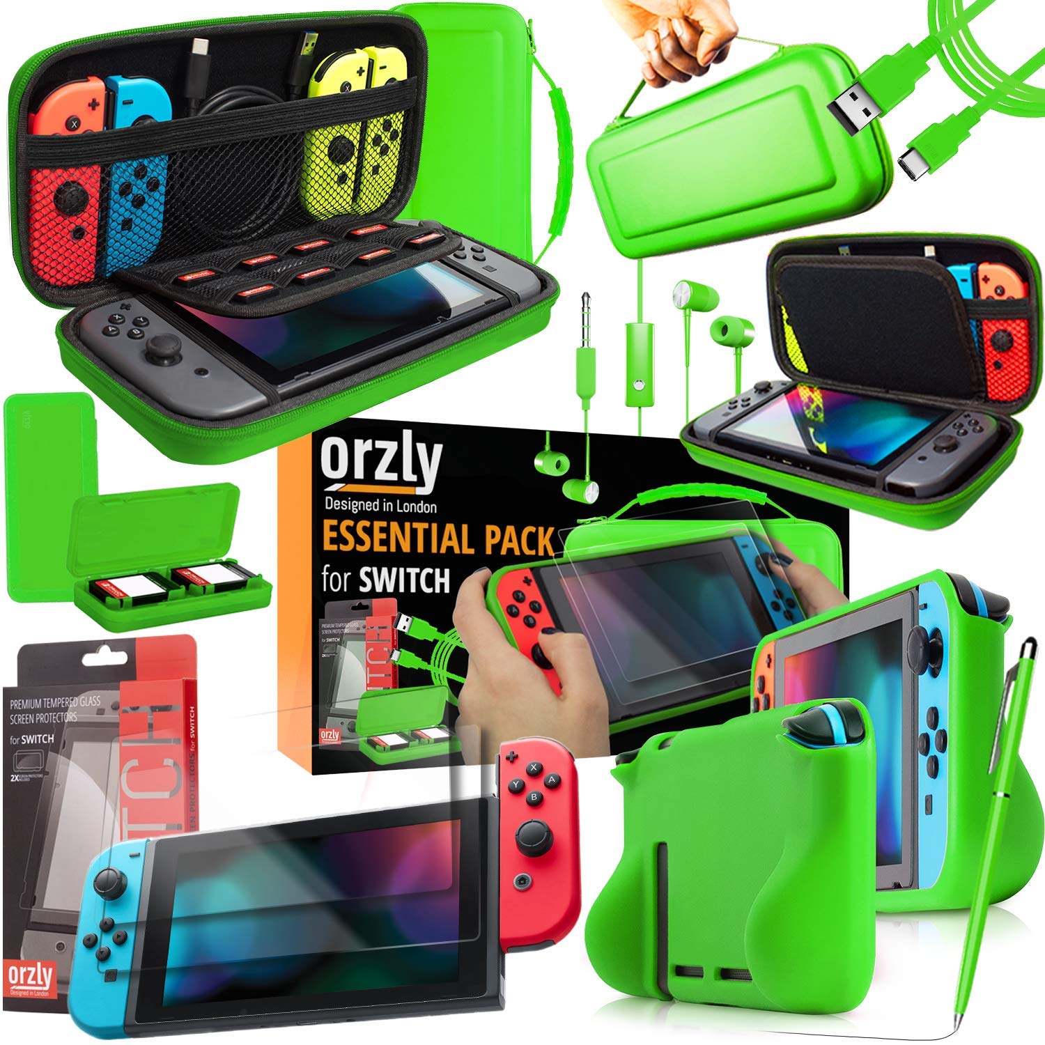 Orzly Nintendo Switch Accessories Bundle - Carry Case, Tempered Glass Screen Protector, USB Charging Cable, Game Case, Comfort Grip & Headphones (Green) | Perfect for Travel, Gaming On-The-Go & Switch Protection