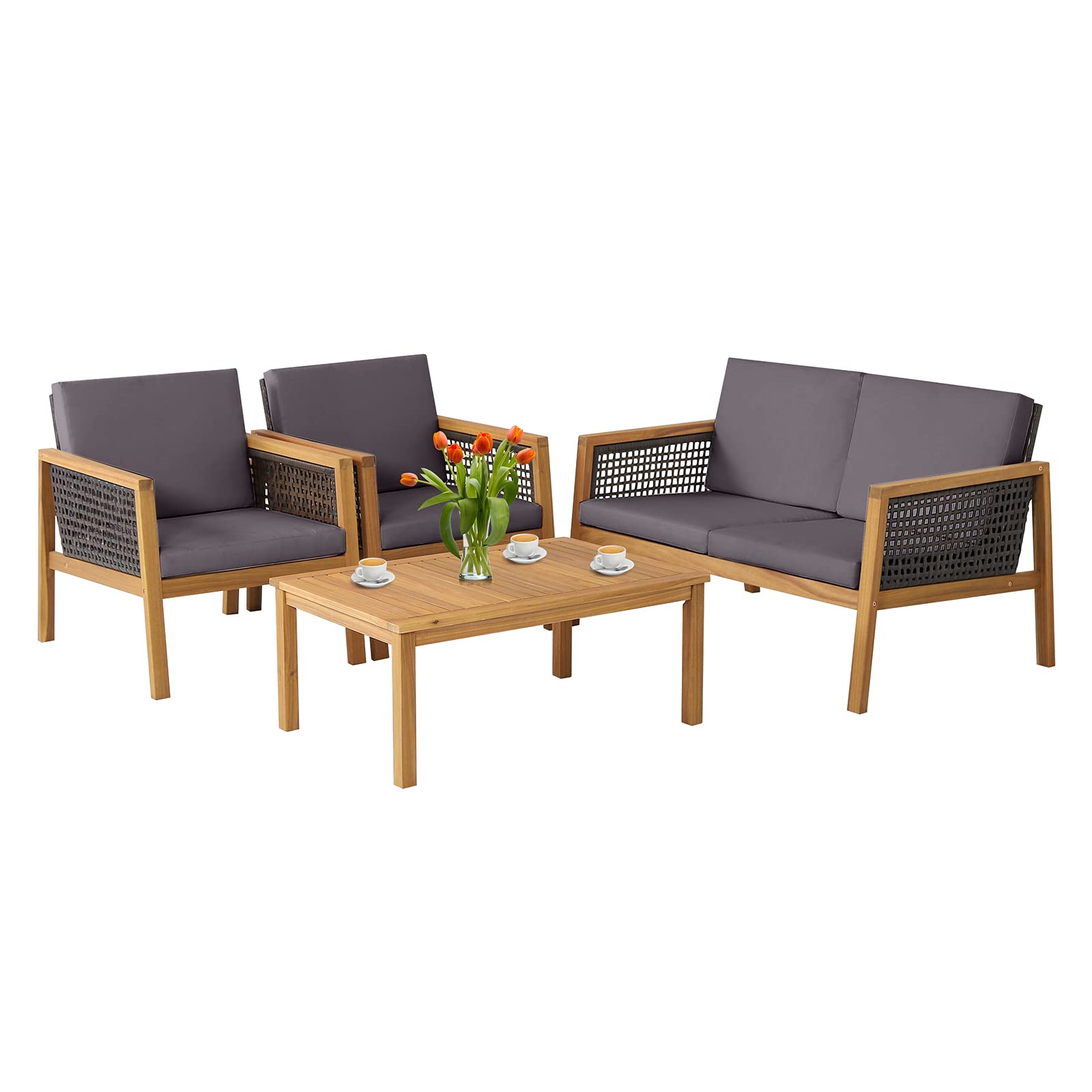 PATIOJOY 4-Piece Outdoor Acacia Wood Patio Furniture Set - PE Wicker Sofa Set with Coffee Table & Weather-Resistant Cushions - Perfect for Garden, Poolside, Backyard & Patio (Gray) - Ideal for Relaxing, Entertaining & Outdoor Lounging