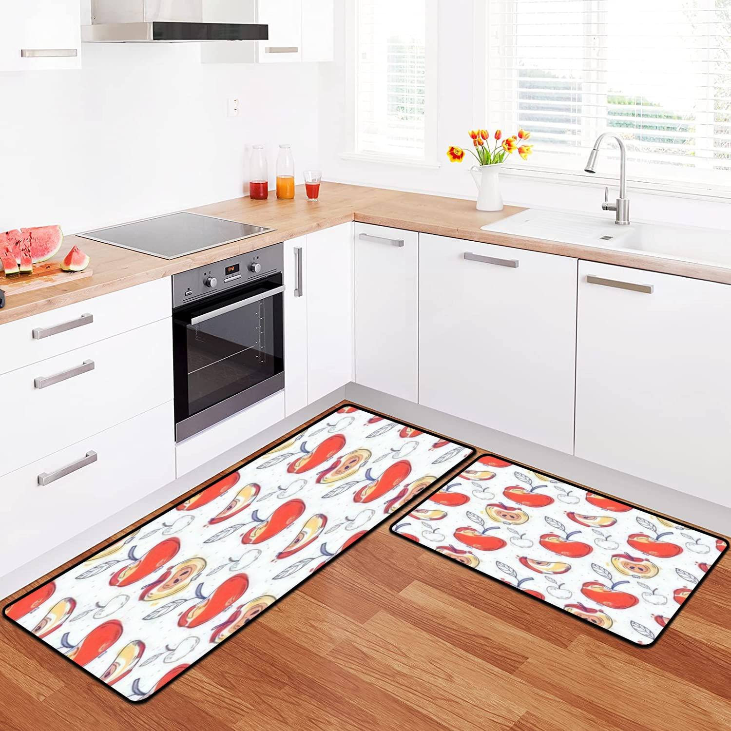 Non-Slip Washable Kitchen Rugs Set - Colorful Hand-Drawn Doodle Design Floor Mats for Kitchen, Bathroom & Entryway - Soft Standing Comfort for Cooking, Decor & High-Traffic Areas