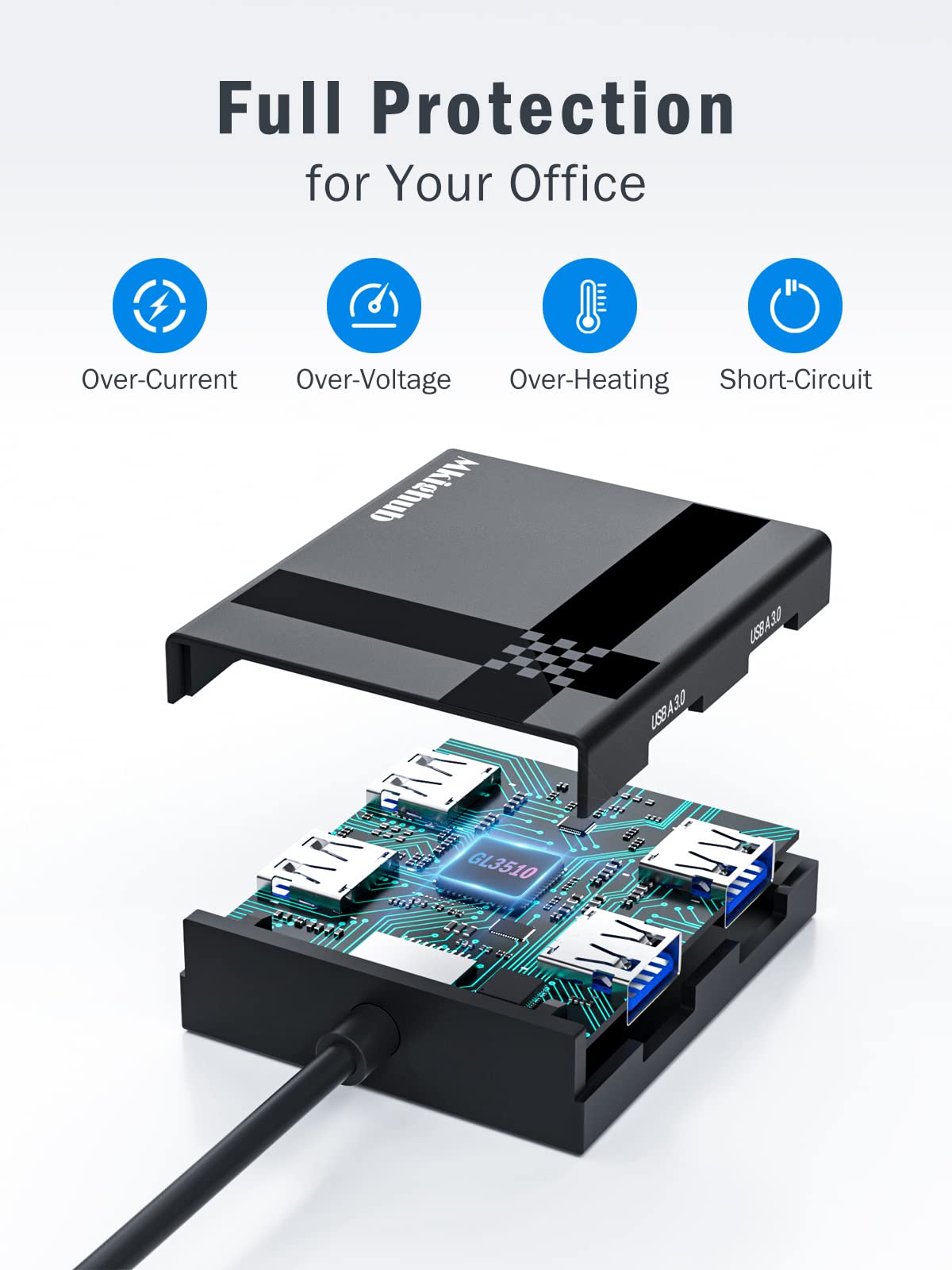 4-Port USB 3.0 Hub - Fast Data Transfer for Laptop & PC - Works with MacBook, Surface Pro, XPS