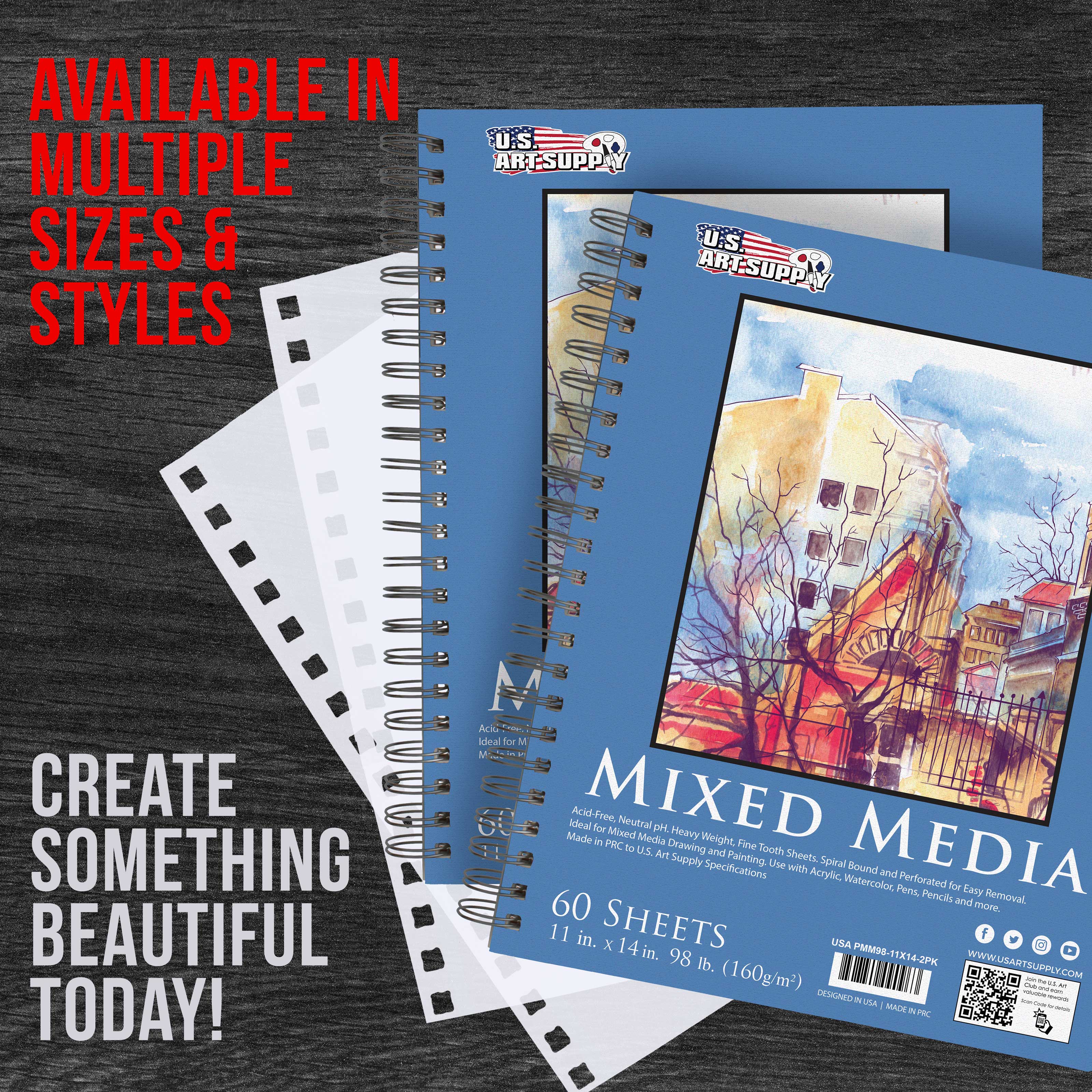 Premium 11x14 Mixed Media Sketchbook - 2 Pack (60 Sheets, 98 lb/160 gsm) | Spiral Bound Acid-Free Paper for Drawing, Painting & Watercolor | Perfect for Artists, Students & Professionals - Home Studio & Outdoor Sketching
