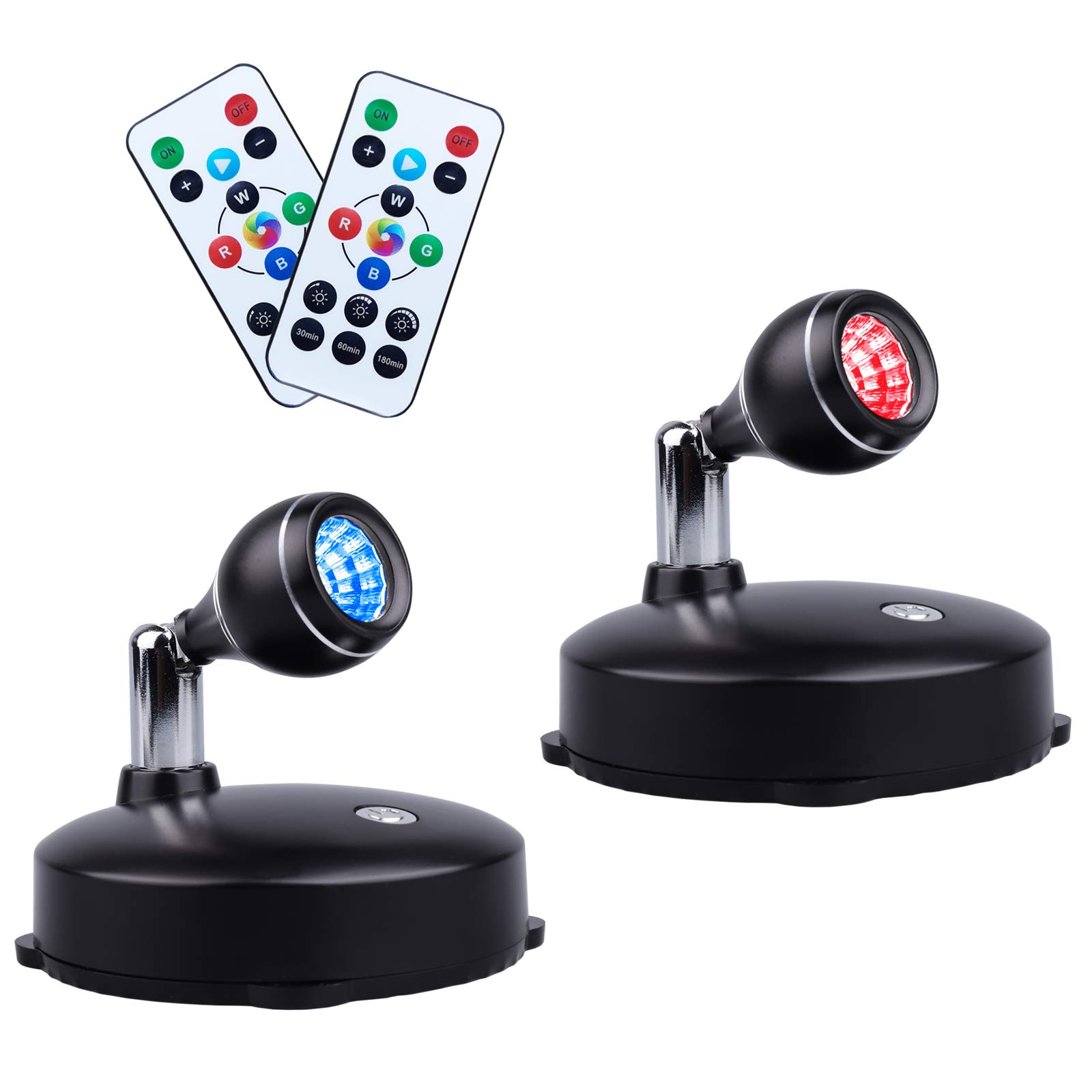 LEASTYLE 2 Pack RGB LED Spot Light Indoor, Battery Operated Wireless Dimmable Accent Lights with Remote - Mini Stick Up Lights for Lighting Paintings, Pictures, Artwork & Home Decor - Perfect for Bedroom, Living Room, Gallery Display