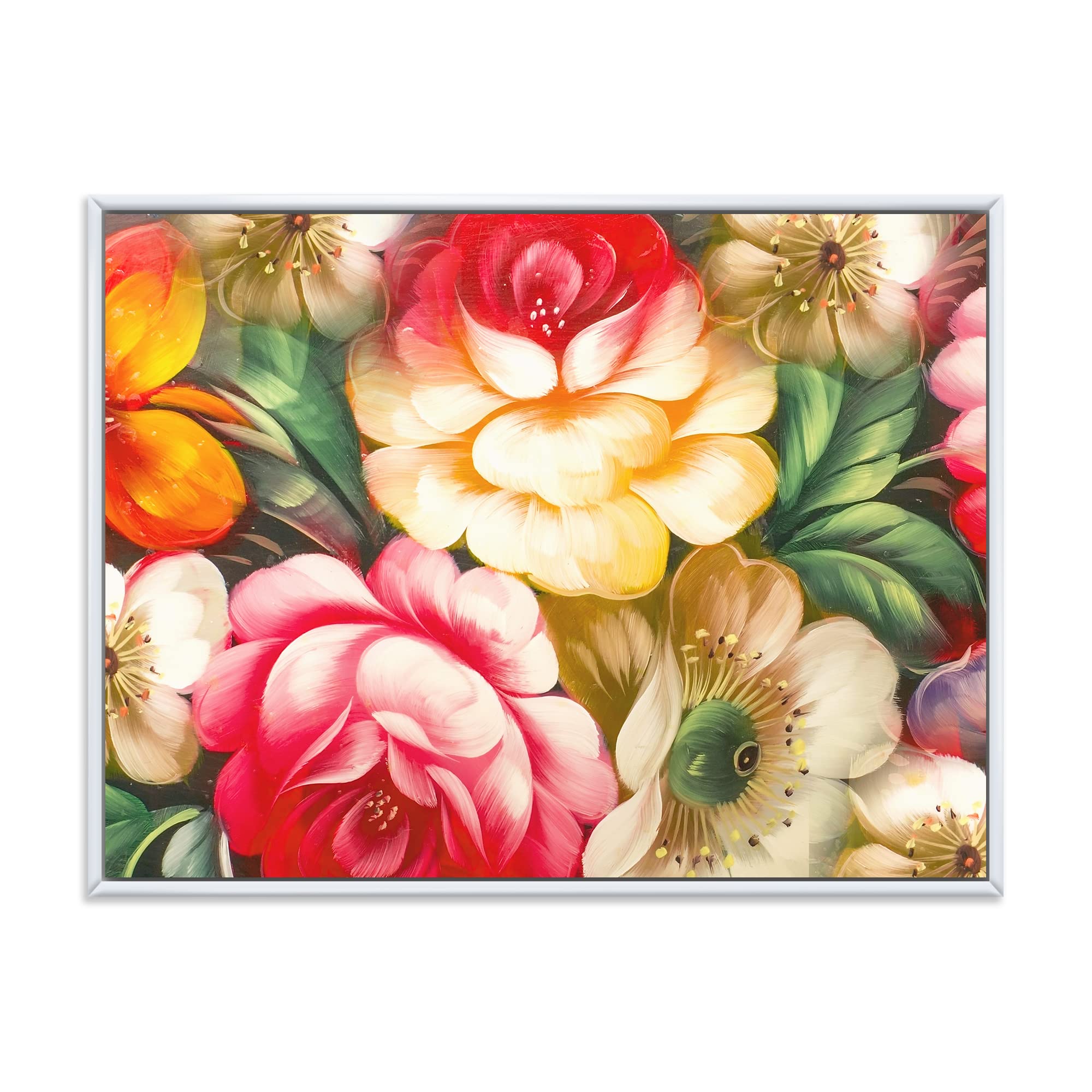 DesignQ Yellow and Red Vintage Flowers Framed Canvas Wall Art Print - Traditional Home Decor for Living Room, Bedroom & Office