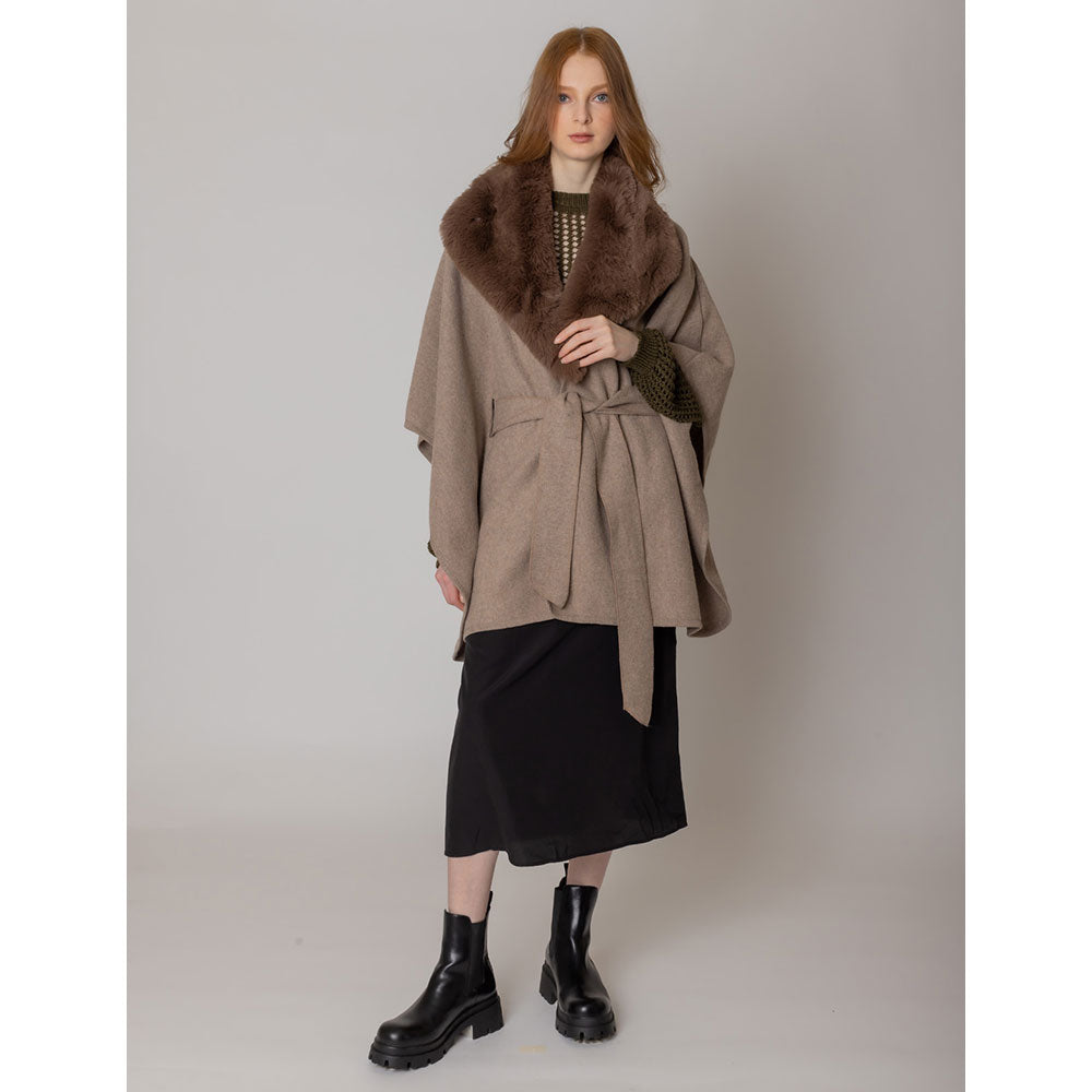 Taupe Faux Fur Collar Belted Poncho Coat - Women's Winter Fashion Outerwear for Casual Wear & Holiday Parties