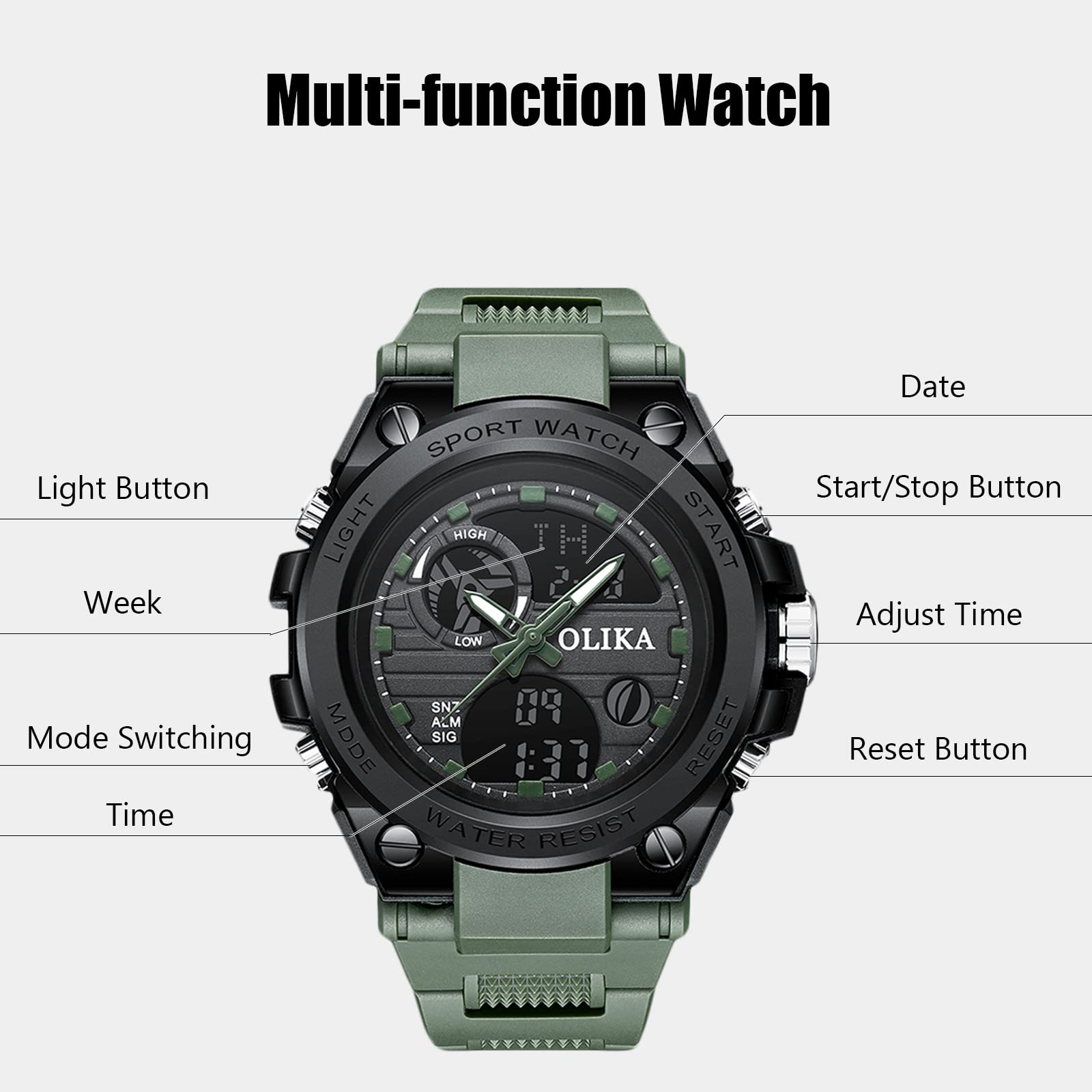 RORIOS Men's Digital Sports Watch - Waterproof Military Watch with Alarm, Timer, Stopwatch & Luminous Display | Durable Wristwatch for Running, Hiking, Swimming & Outdoor Activities