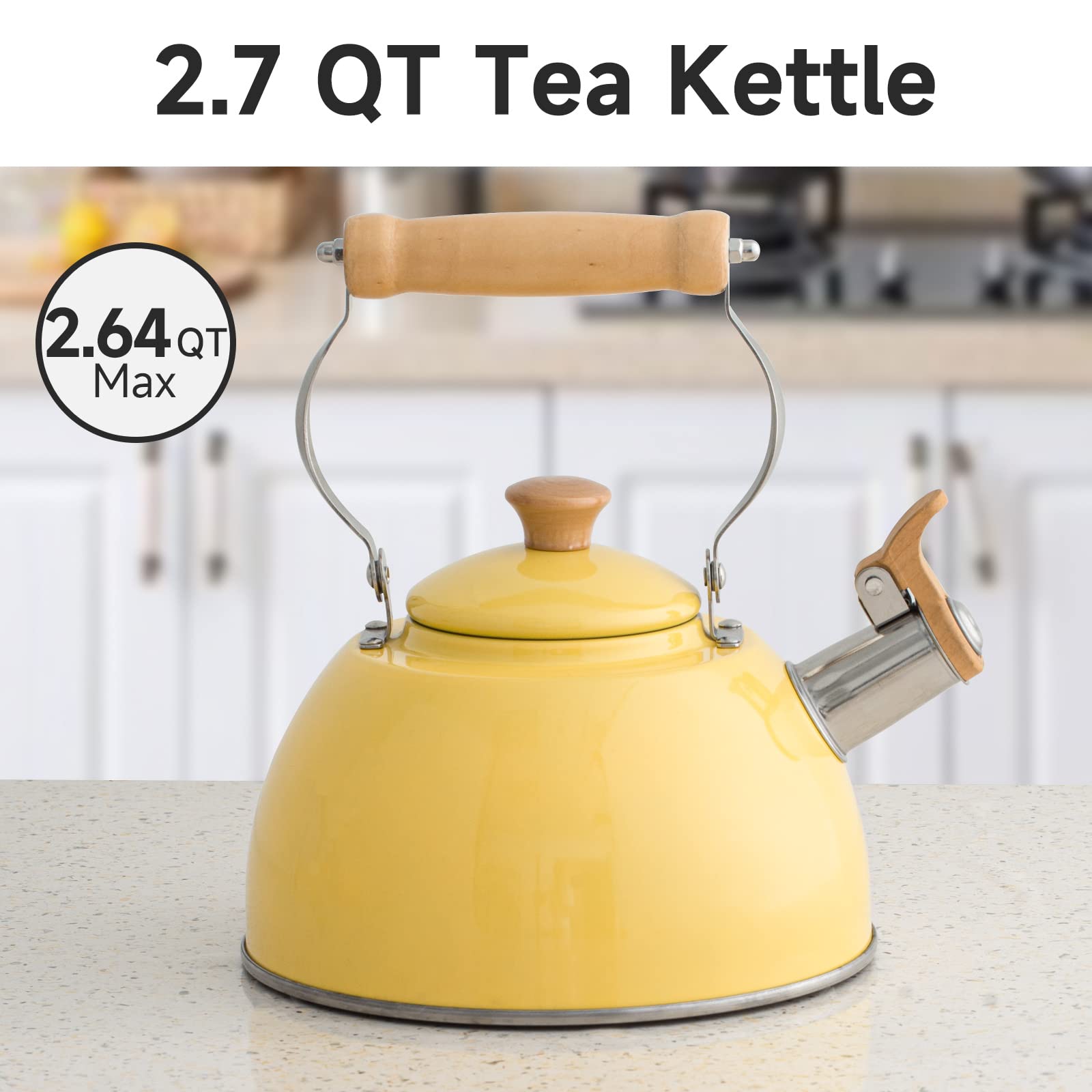 ROCKURWOK 2.7 Quart Stainless Steel Whistling Tea Kettle with Cool-Touch Handle - Yellow Stovetop Kettle for Tea, Coffee & Hot Water - Perfect for Home, Kitchen & Camping Use