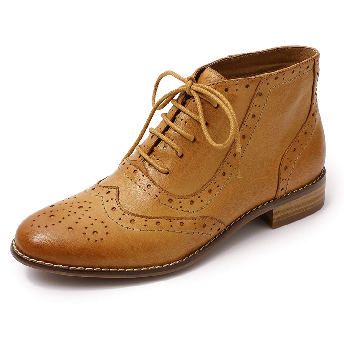 Vintage Women's Leather Wingtip Oxford Brogue Ankle Boots - Lace-Up Low Heel Short Booties for Casual Outfits & Office Wear