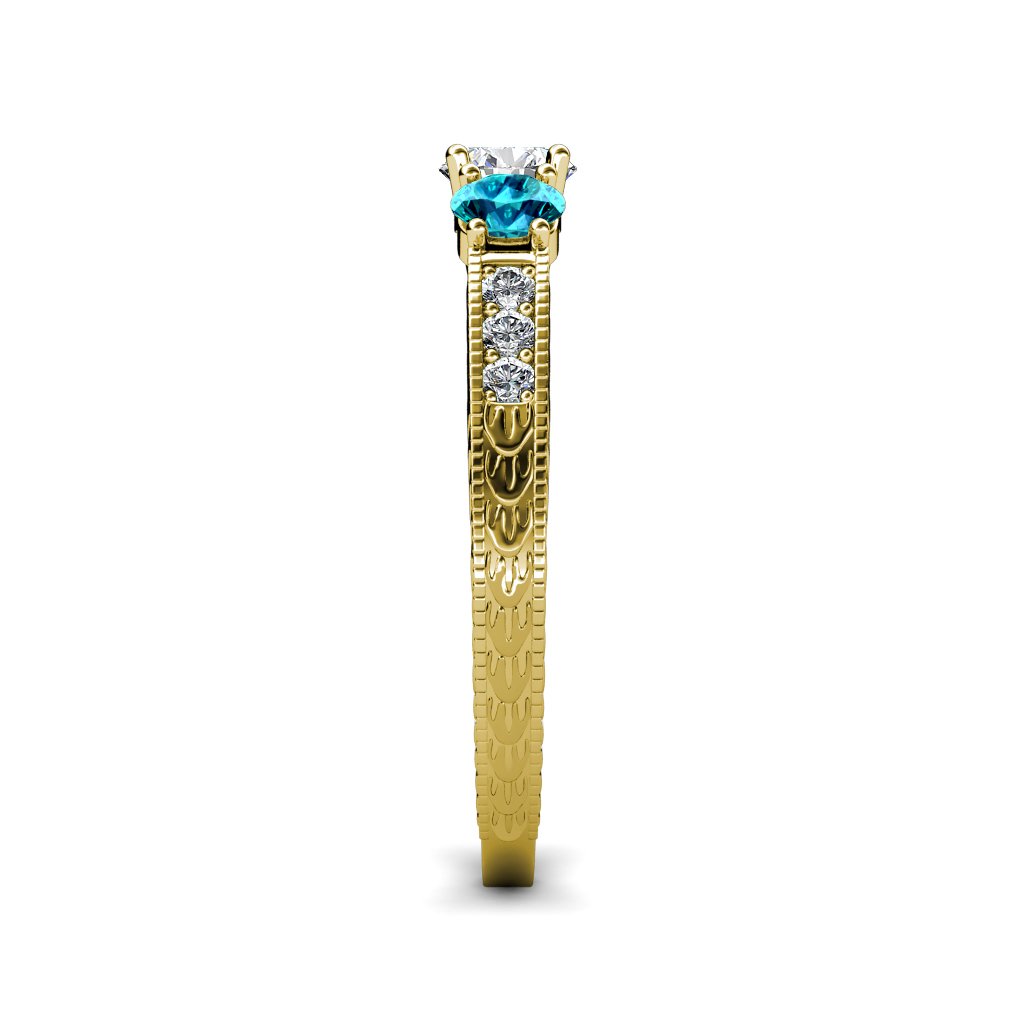 14K Yellow Gold Diamond & London Blue Topaz Milgrain Three-Stone Ring with Side Diamonds (0.85 ctw) - Perfect for Engagement, Anniversary & Special Occasion Jewelry Gifts