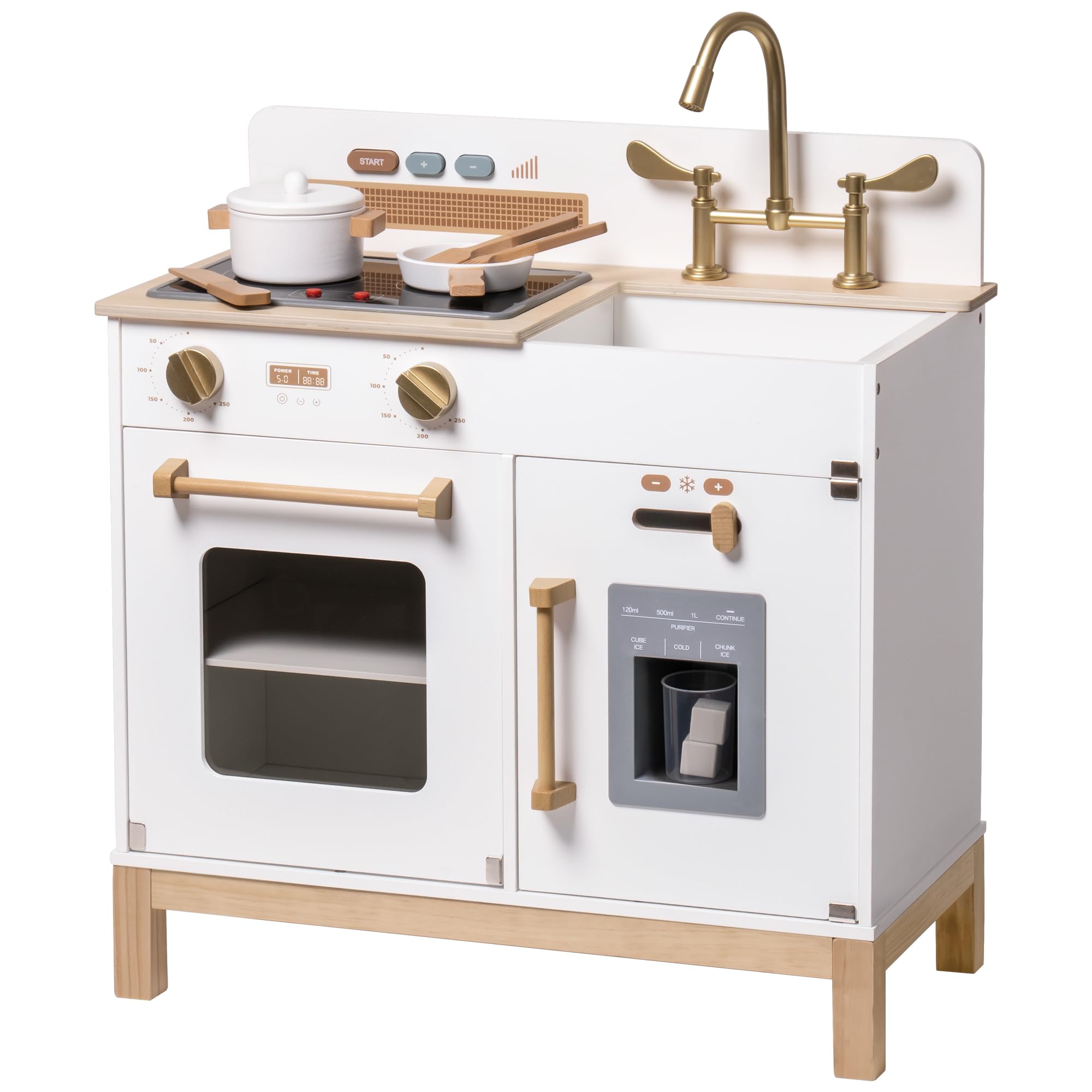 ROBOTIME Wooden Play Kitchen for Toddlers - Pretend Play Toy Kitchen with Real Lights, Sounds & Ice Cube Dispenser - Educational Gift for Kids Ages 3+ (White) | Perfect for Pretend Cooking, Role Play & Early Learning at Home or Preschool