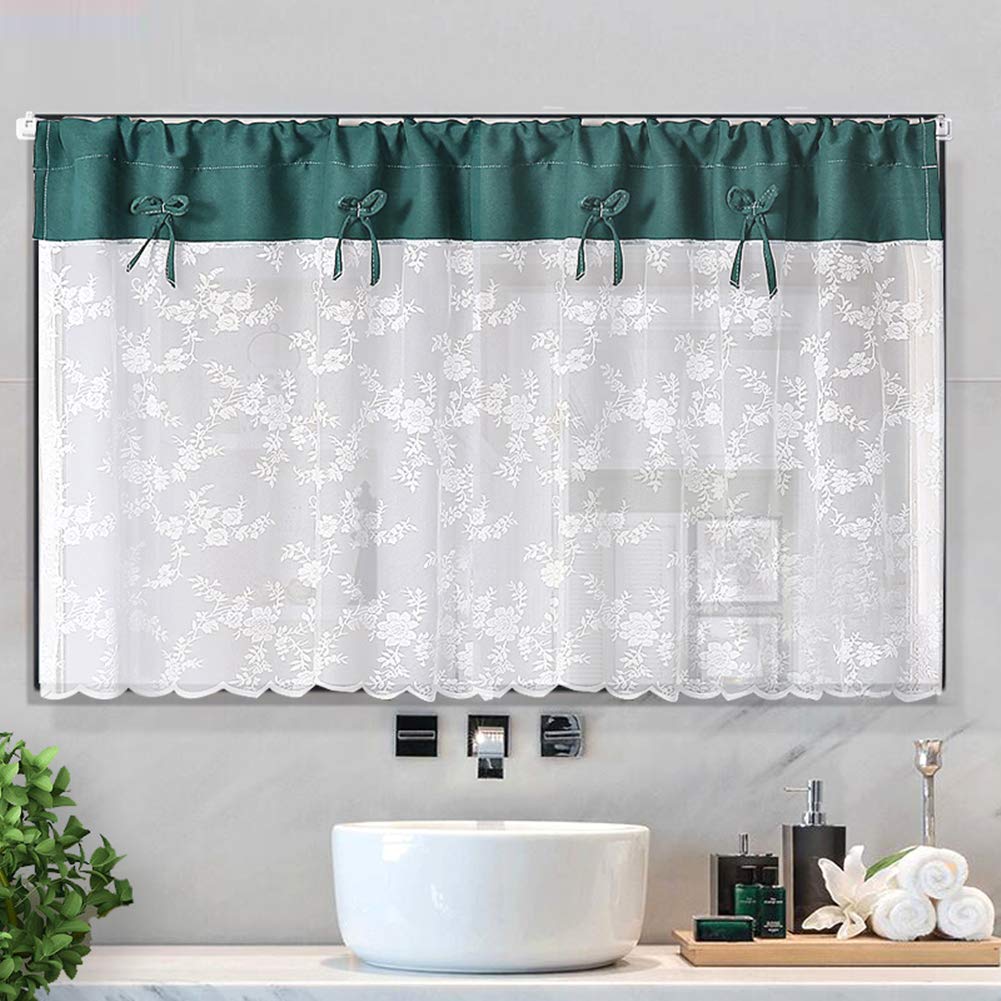 Rod Pocket Lace Sheer Curtain - White Mesh Room Divider, 48 Inch Long Embroidery Floral Voile Cafe Door Curtain for Living Room, Bedroom & Office Privacy Decor