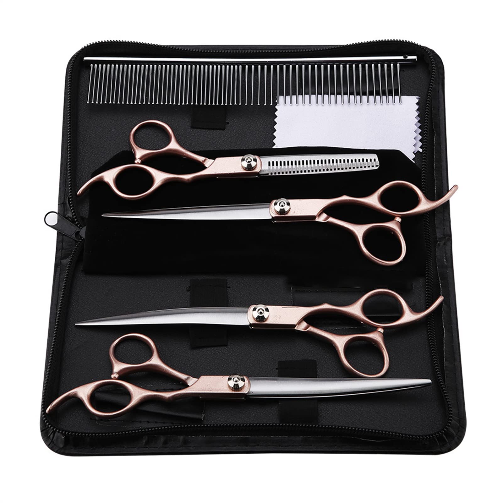 Joyzan Professional Pet Grooming Scissors Set - 4PCS Stainless Steel Safety Dog Grooming Shears (Straight, Thinning, Curved, Chunker) with Comb & PU Storage Bag for Dogs & Cats - Perfect for Home Pet Grooming & Professional Salon Use