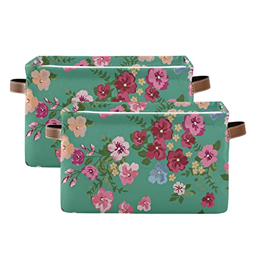 Collapsible Canvas Storage Basket - Large Round Teal Floral Design for Kids Room, Toy Organizer & Baby Hamper (2-Pack) | Perfect for Nursery Organization, Playroom Storage & Home Decor
