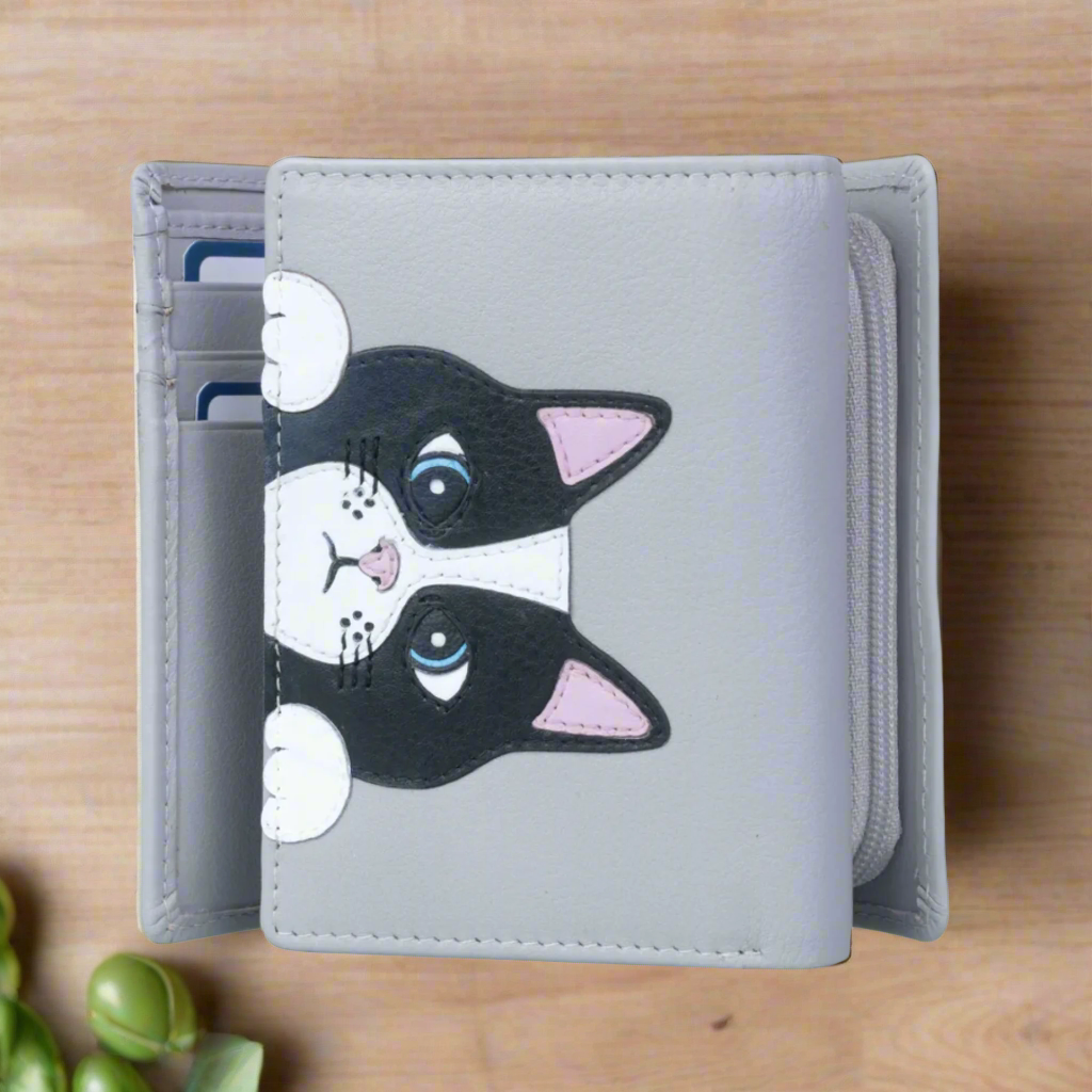 Stylish Mala Leather Vinny the Cat Compact Tri-Fold Wallet in Grey - Perfect for Everyday Use, Travel & Gift Giving
