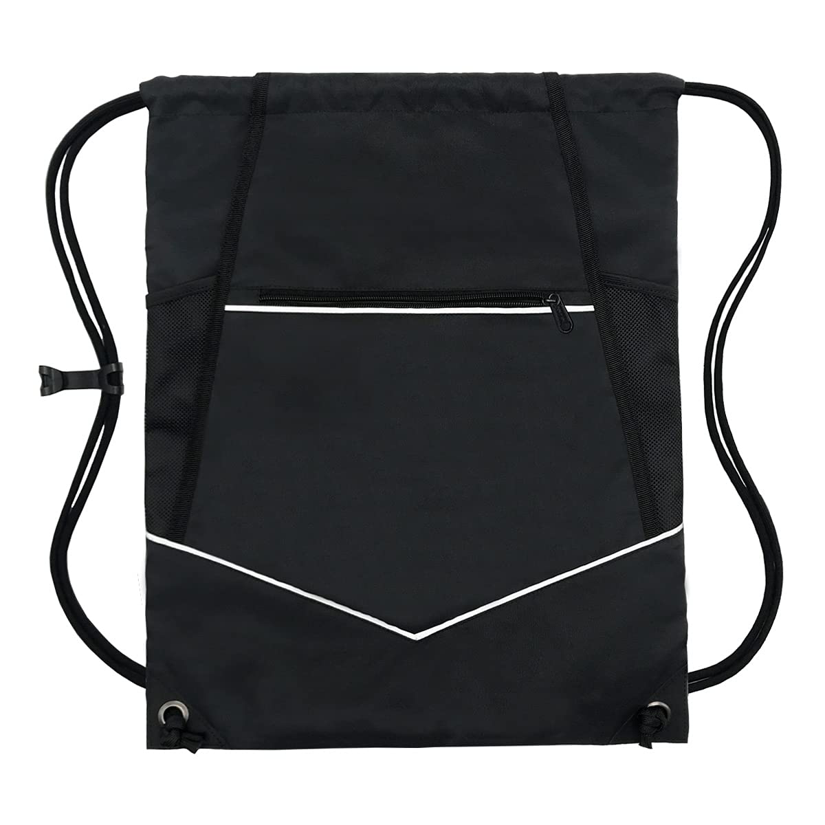 HOLYLUCK Packable Drawstring Backpack with Zipper Wet Pocket & Mesh Water Bottle Pockets - Lightweight Travel Daypack for Hiking, Gym, Beach & Outdoor Activities (Black)