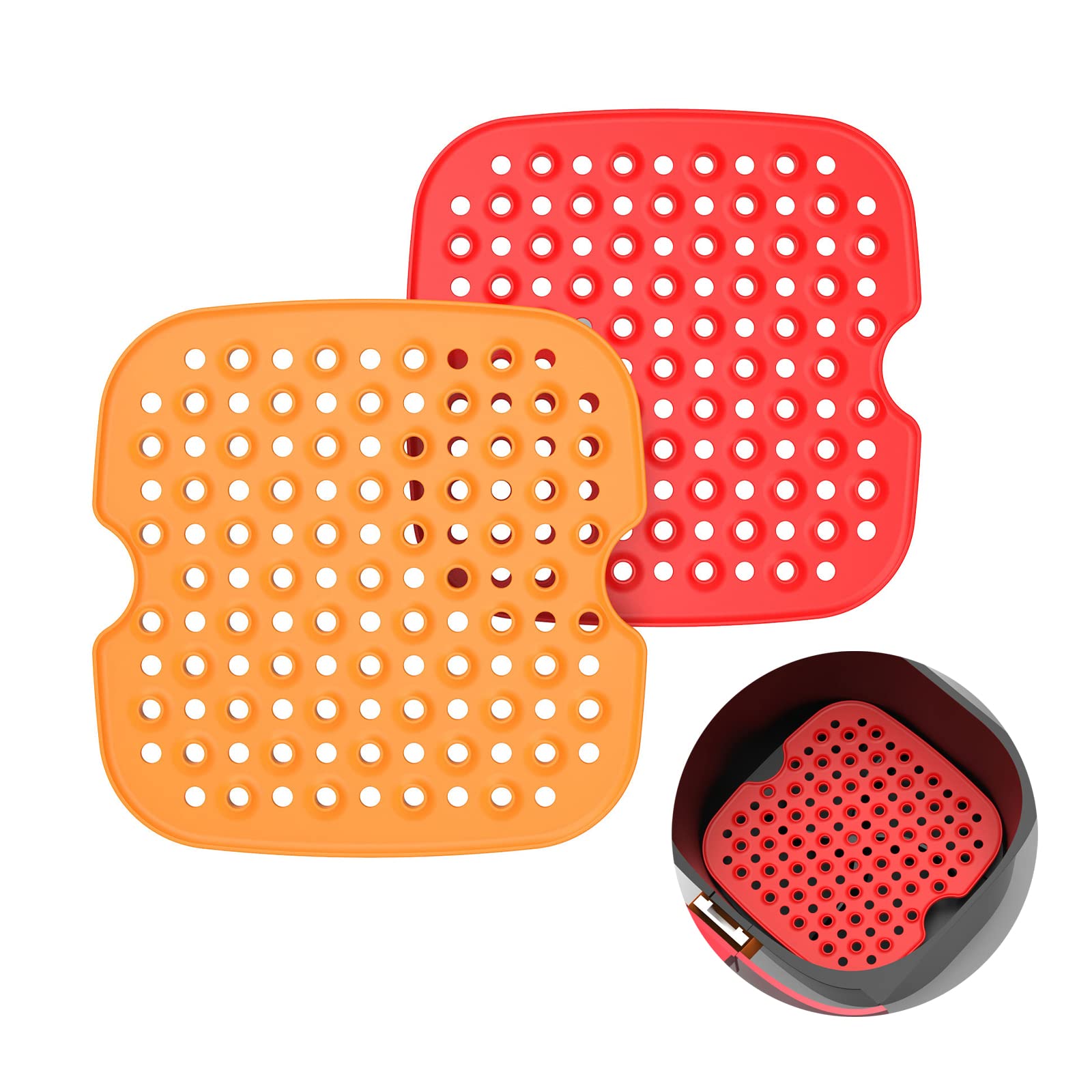 2Pcs Air Fryer Silicone Liners - 7.5 Inch Food Grade Non-Stick Baking Mats, Reusable & Easy Clean Accessories for Ninja, Cosori, Instant Pot (Orange & Red) - Perfect for Roasting Veggies, Baking Cookies & Air Frying Chicken Wings