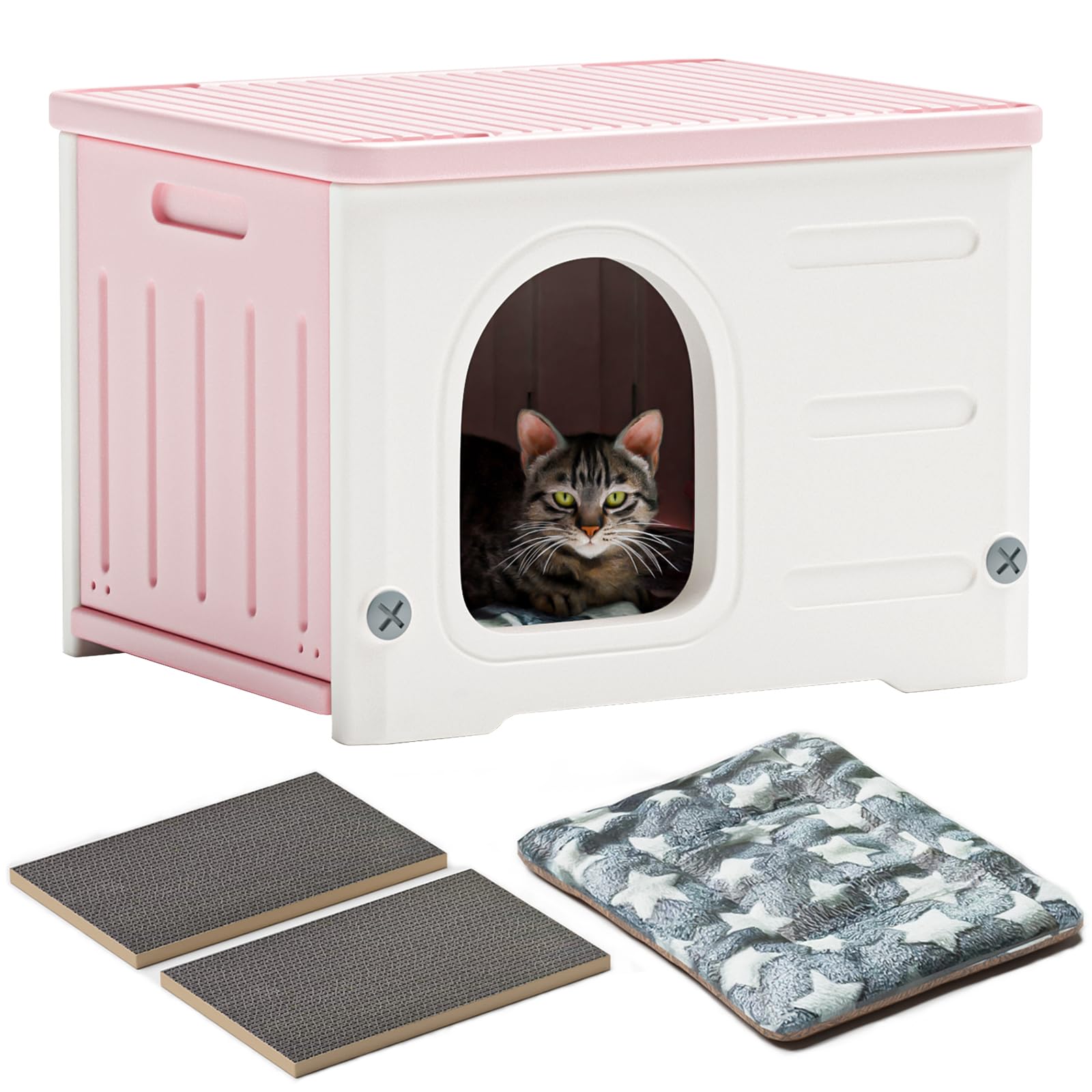**Waterproof Stackable Cat House for Indoor & Outdoor Use - Winter Weatherproof Shelter with Scratching Board & Cushion (Pink) - Perfect for Feral Cats, Pet Beds & Cozy Hideaways**