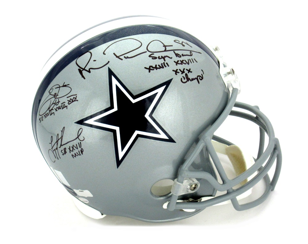 Authentic Dallas Cowboys NFL Helmet Signed by Troy Aikman, Michael Irvin & Emmitt Smith with Super Bowl Inscriptions - Full Size Riddell Football Helmet Collectible for Sports Memorabilia Fans, Man Cave Decor, and Cowboys Super Bowl Display
