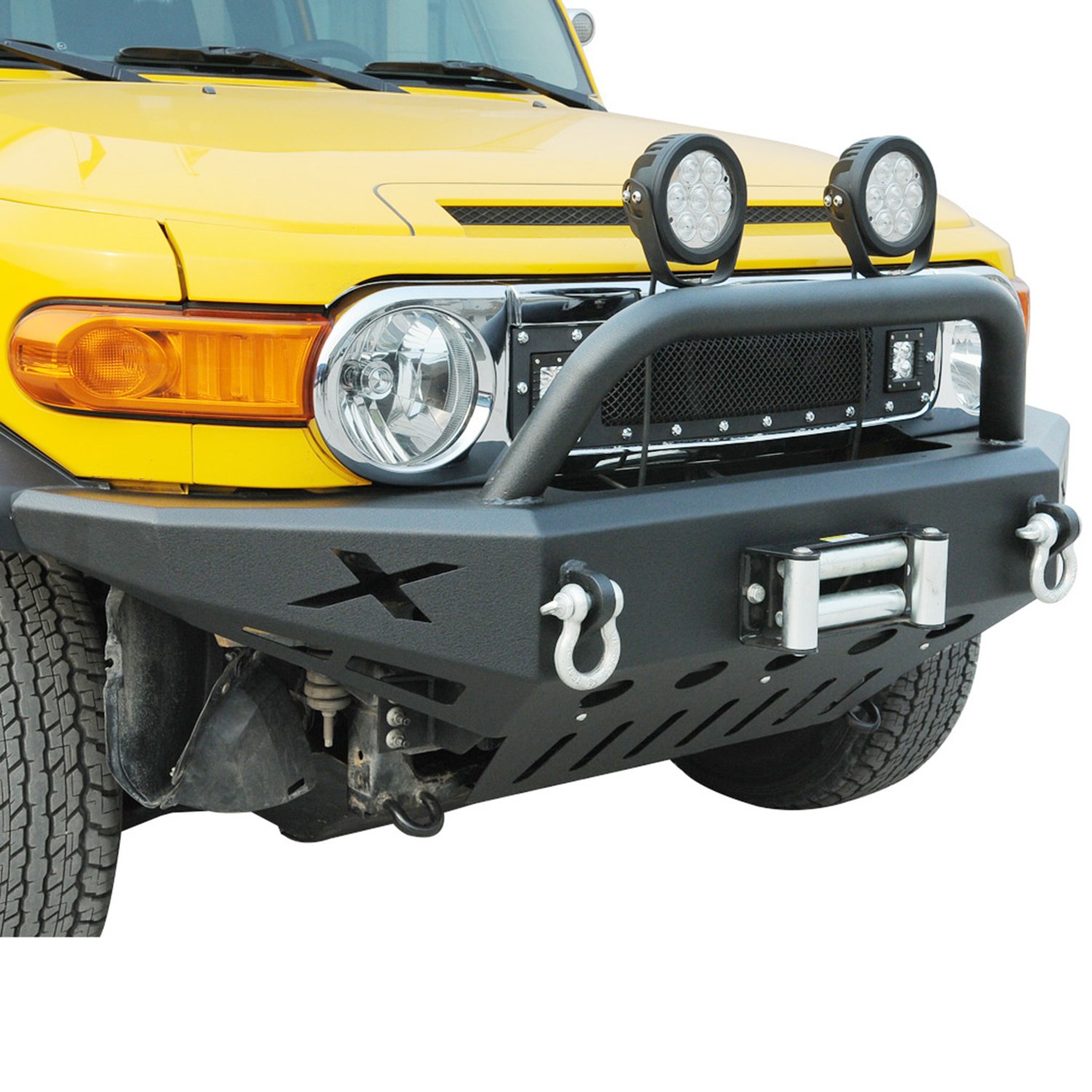 57-0402 Heavy Duty Front LED Winch Bumper for Jeep Wrangler & Off-Road Trucks - Black Powder Coated Steel Construction - Perfect for Off-Roading, Rock Crawling & Trail Adventures