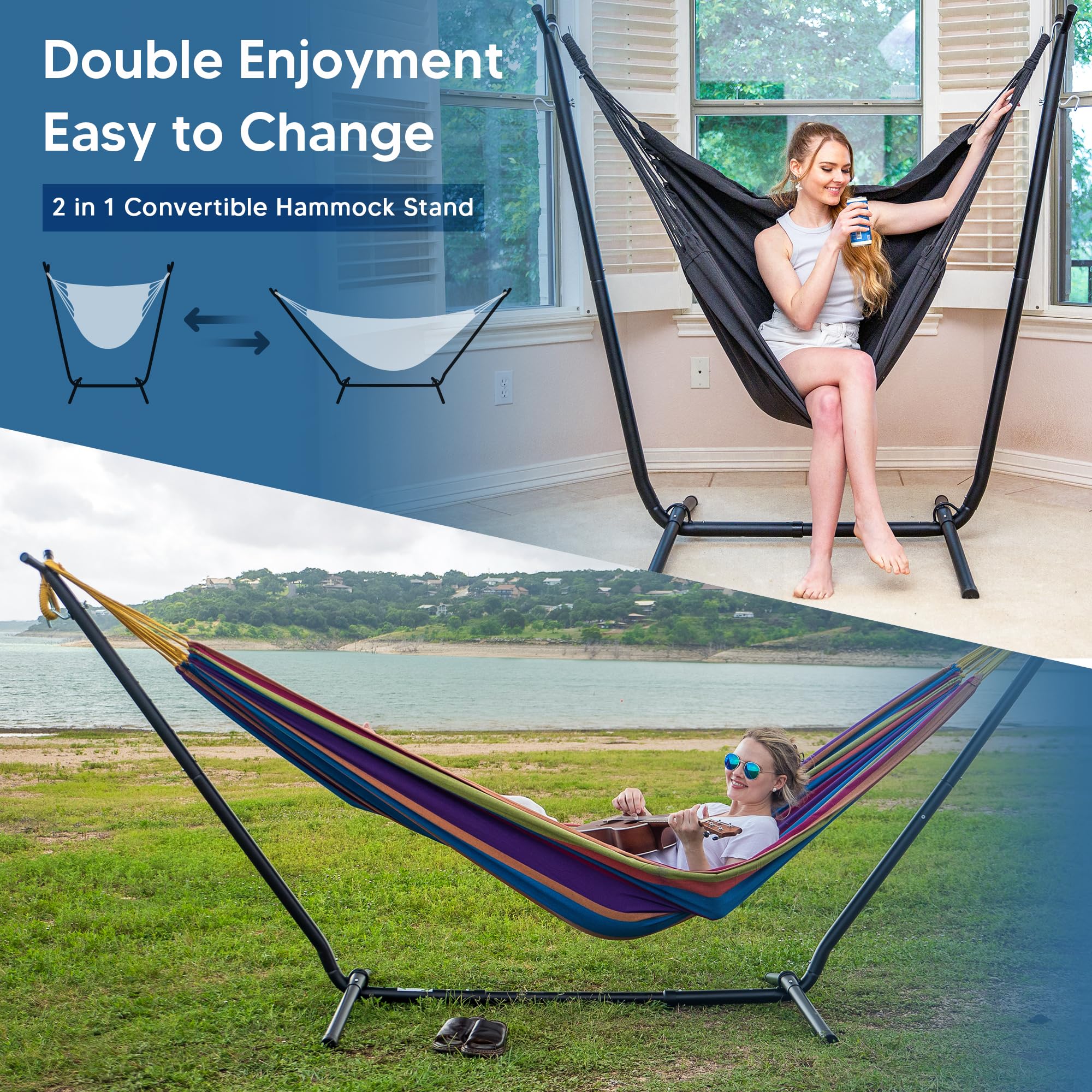 SUNCREAT 2-in-1 Convertible Outdoor Hammock with Stand - Large Patented Purple Stripe Fabric Hammock for Backyard, Garden, Patio & Camping - Perfect for Relaxation, Lounging & Outdoor Adventures