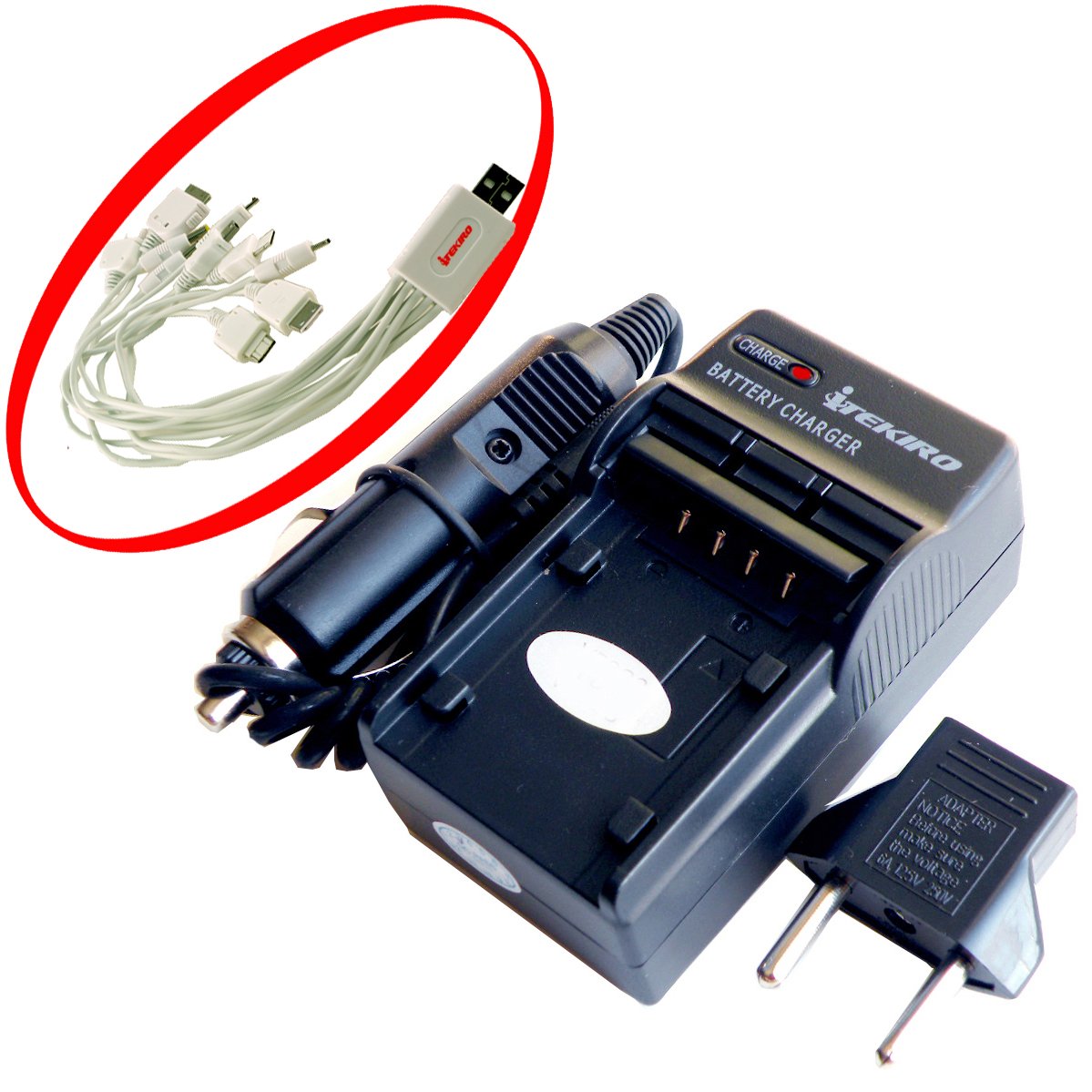 Panasonic DMC-FX3EF Battery Charger Kit with 10-in-1 USB Cable - for Travel & Home Use