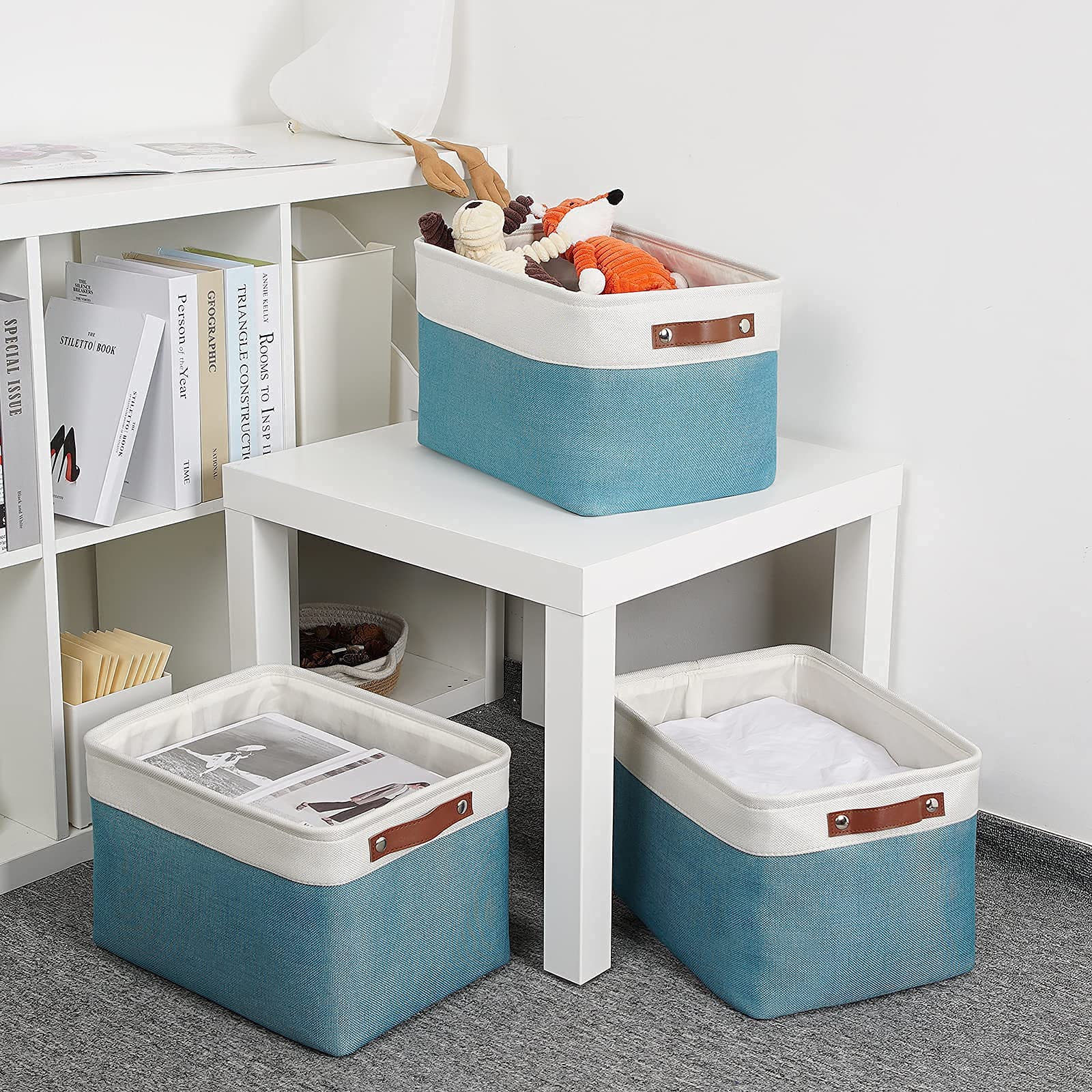 DULLEMELO Collapsible Storage Baskets Set - 3 Medium (15x11x9.5 inches) & 6 Small (11.8x7.9x5.1 inches) Foldable Organizer Bins in White & Teal - Perfect for Home, Office, Closet, Bathroom & Kids Room Organization