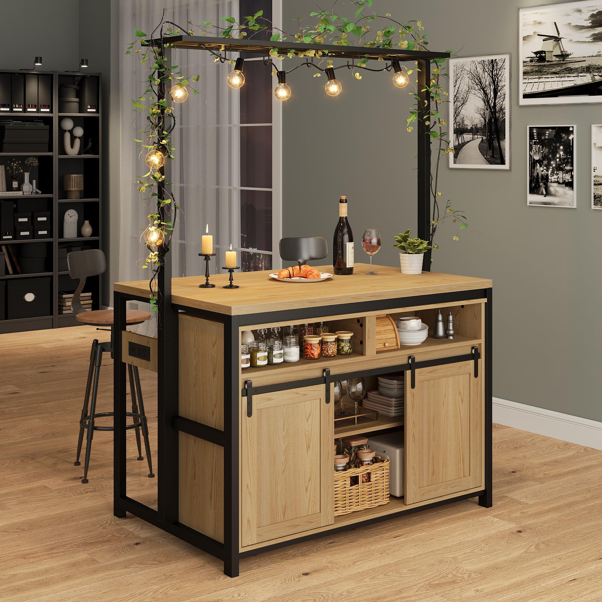 GAOMON Wooden Kitchen Island with Sliding Barn Door - Heavy Duty Large Kitchen Cabinet with 4 Hooks & Storage | Multi-Functional Bakers Rack for Dining Room & Kitchen | Perfect for Entertaining, Food Prep & Extra Storage Space