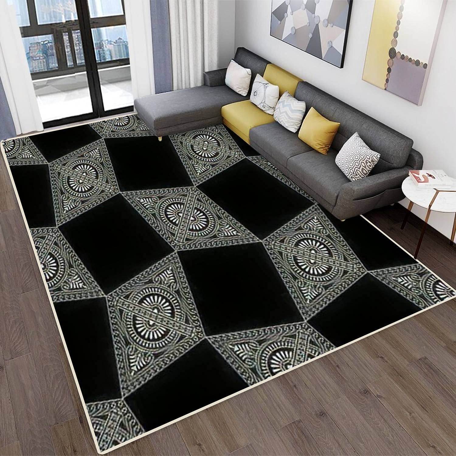 Modern Abstract Area Rugs - Stain Resistant Non-Slip Carpet for Living Room, Bedroom, Kitchen & Bathroom - Traditional Asian Inspired Triangle Pattern Home Decor - Perfect for Cozy Spaces, Home Staging and Interior Design