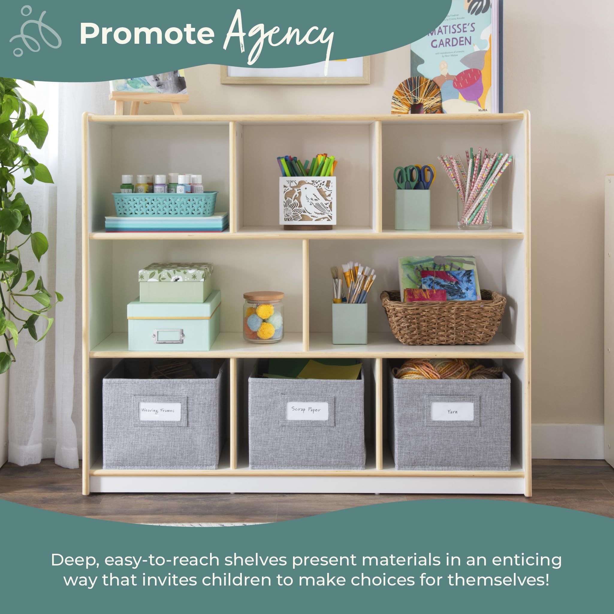 Guidecraft EdQ 3-Shelf Wooden Storage Unit with Fabric Bins - Kids Bookshelf & Toy Organizer for Bedroom, Homeschool & Classroom - White Nursery Furniture for Toys, Books & School Supplies Storage
