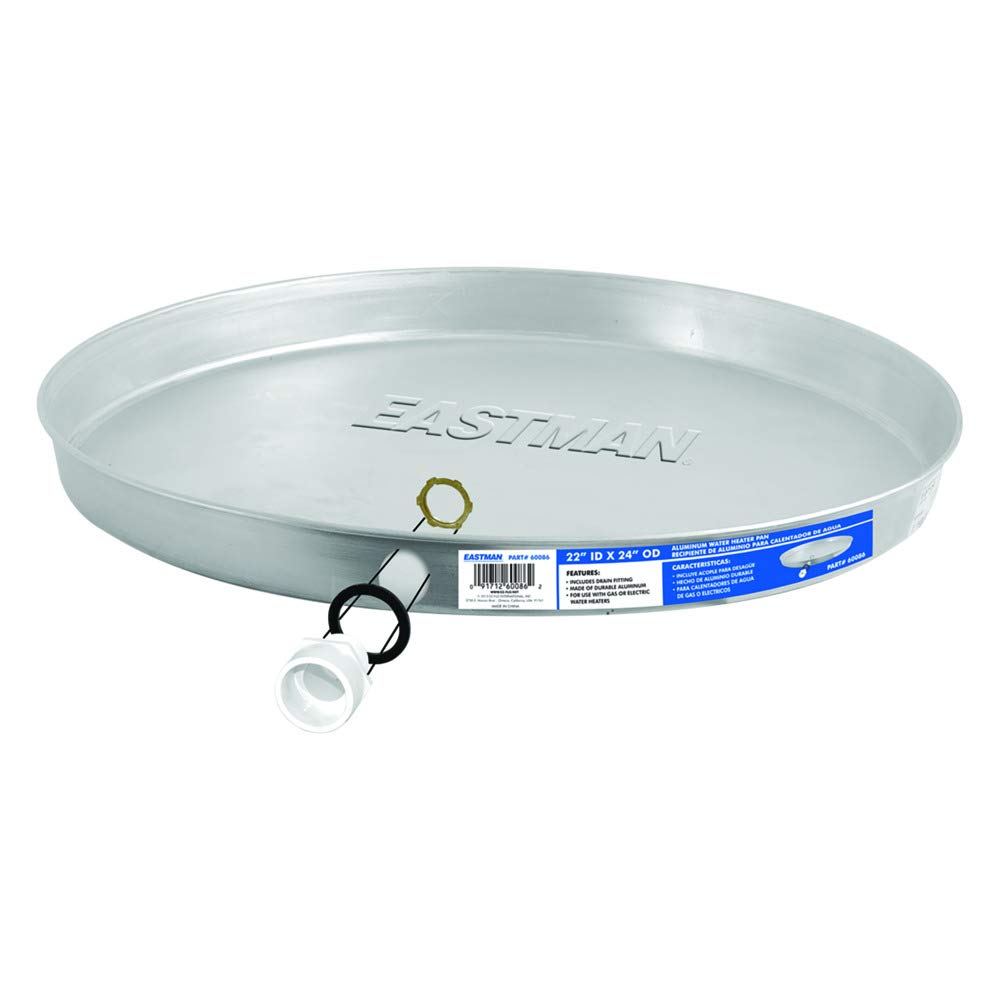22 Inch Aluminum Water Heater Drain Pan with PVC Fittings - 24 Inch OD Compression (Model 60086) for Leak Protection Under Water Heaters in Basements & Utility Rooms