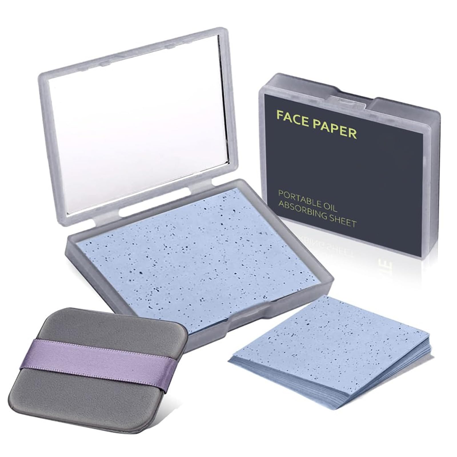 100Pcs Natural Linen Face Blotting Paper for Oily Skin | Oil Absorbing Sheets with Built-in Mirror & Powder Puff | Shine Control for Men & Women | Perfect for Travel, Gym & Daily Makeup Touch-ups