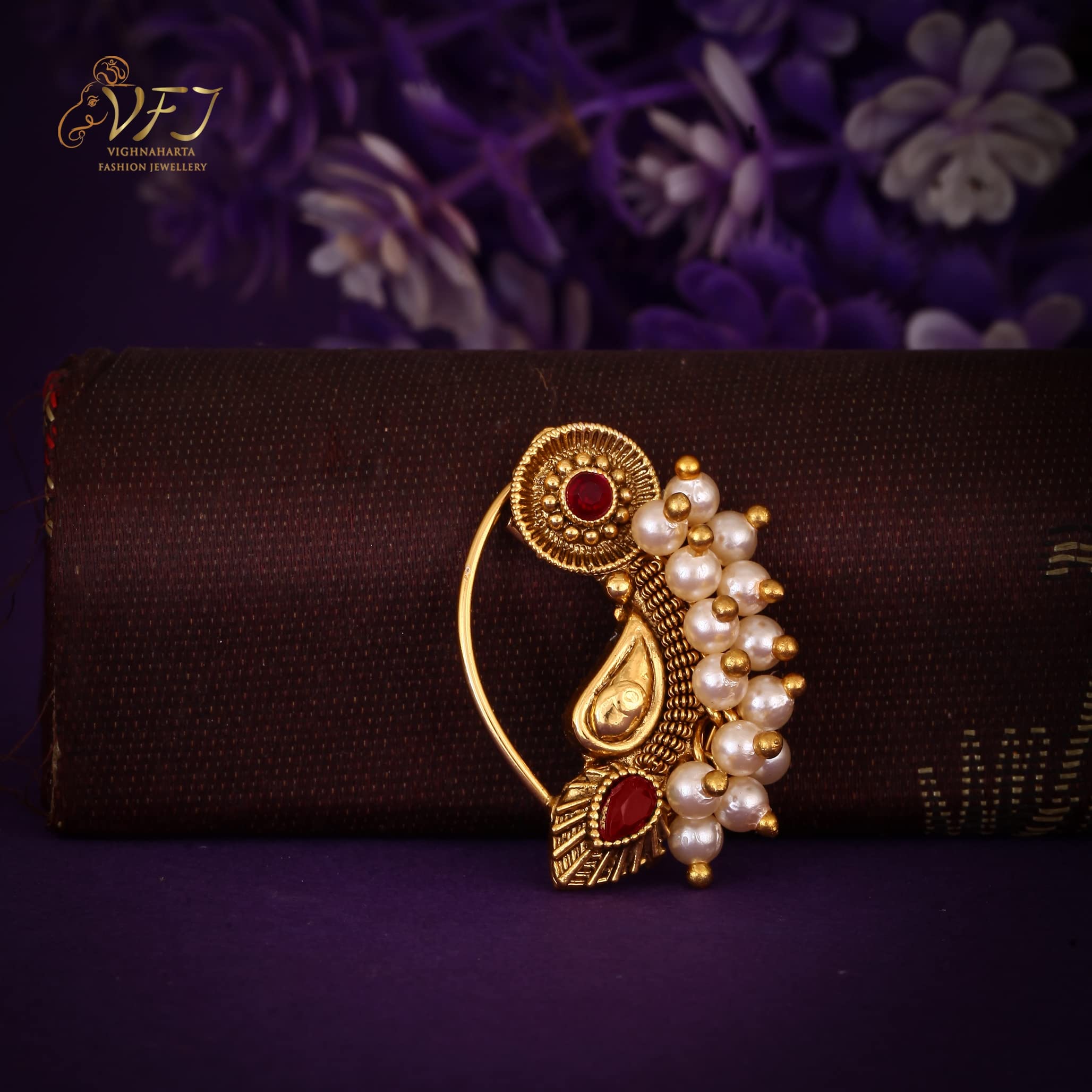 Vighnaharta Gold Plated Pearl Alloy Nose Ring with Artificial Stones - Traditional Maharashtrian Nathiya Non-Piercing Nose Pin | Valentine's Day Gift for Her, Women's Jewelry, Indian Ethnic Accessory [VFJ1202NTH-Press-Red] | Perfect for Weddings, Festivals & Cultural Events