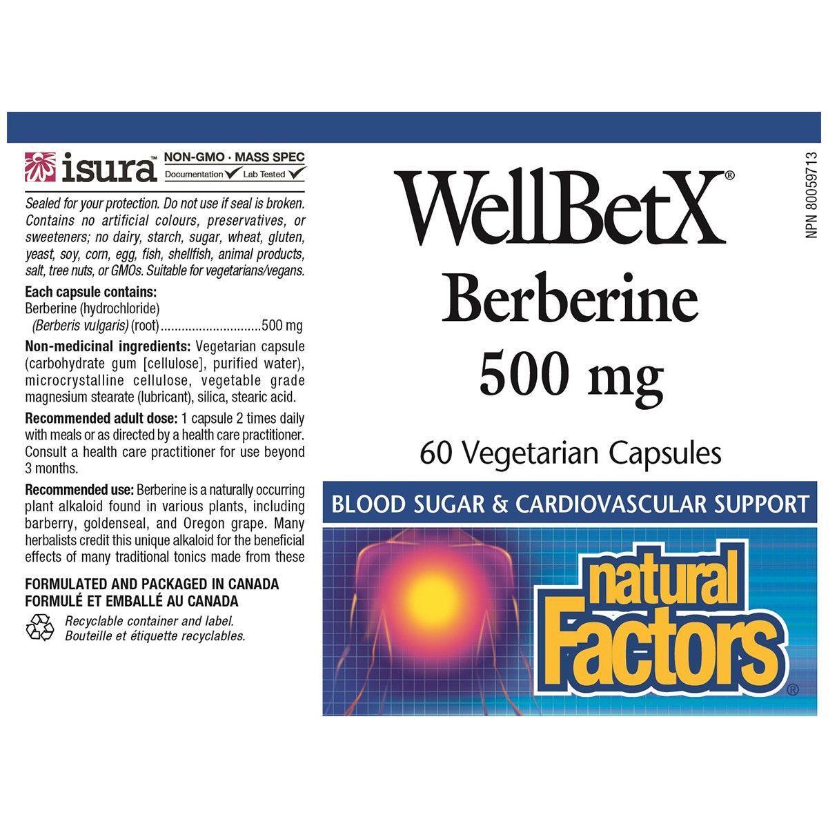 Natural Factors WellBetX Berberine 500mg - 60 Vegetarian Capsules for Blood Sugar Support & Digestive Health - Ideal for Daily Wellness & Metabolic Balance