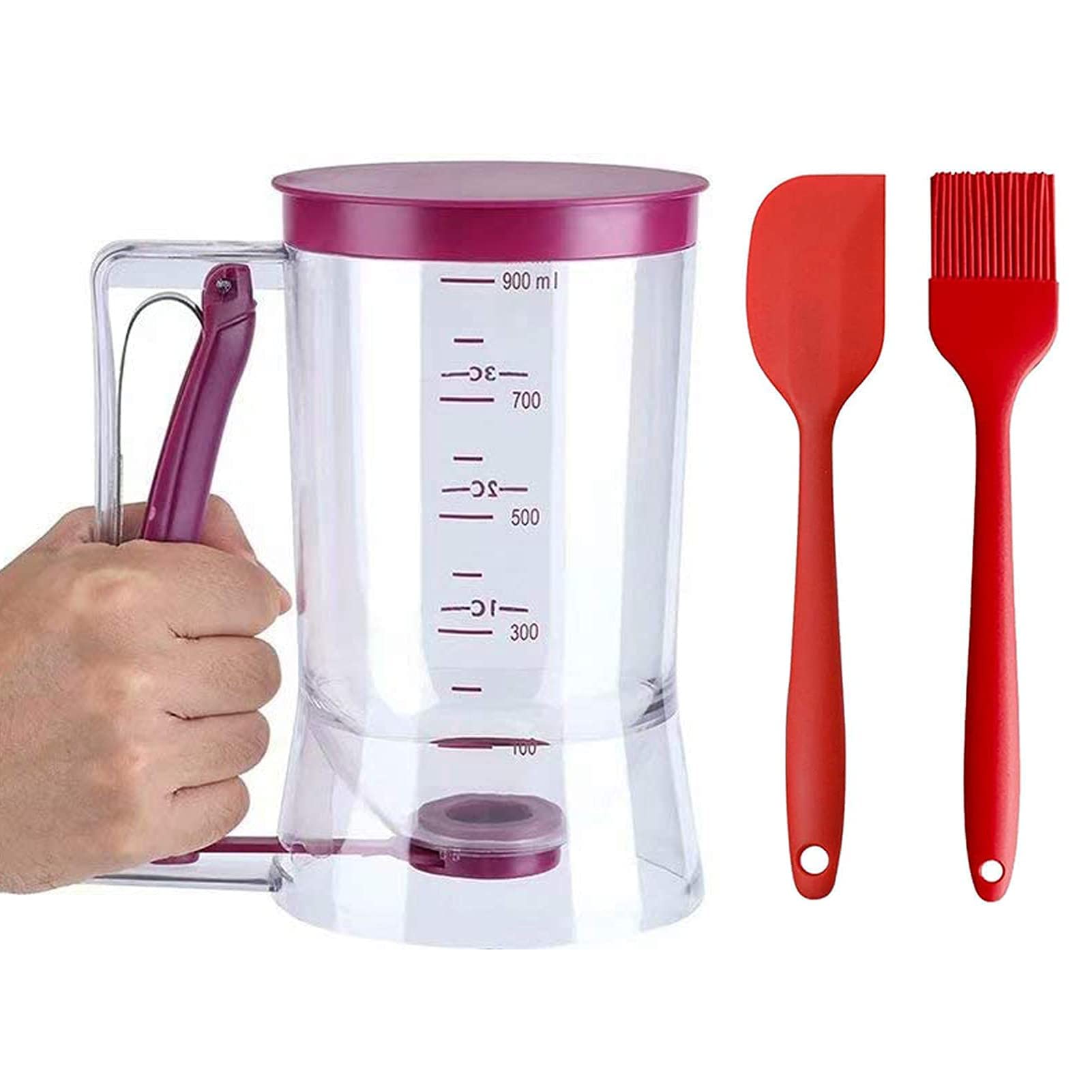 900mL Pancake Batter Dispenser with Measuring Marks - Squeeze Handle & Silicone Brush for Perfect Pancakes, Cupcakes, Crepes, Cakes - Ideal for Breakfast, Baking, and Party Food Preparation